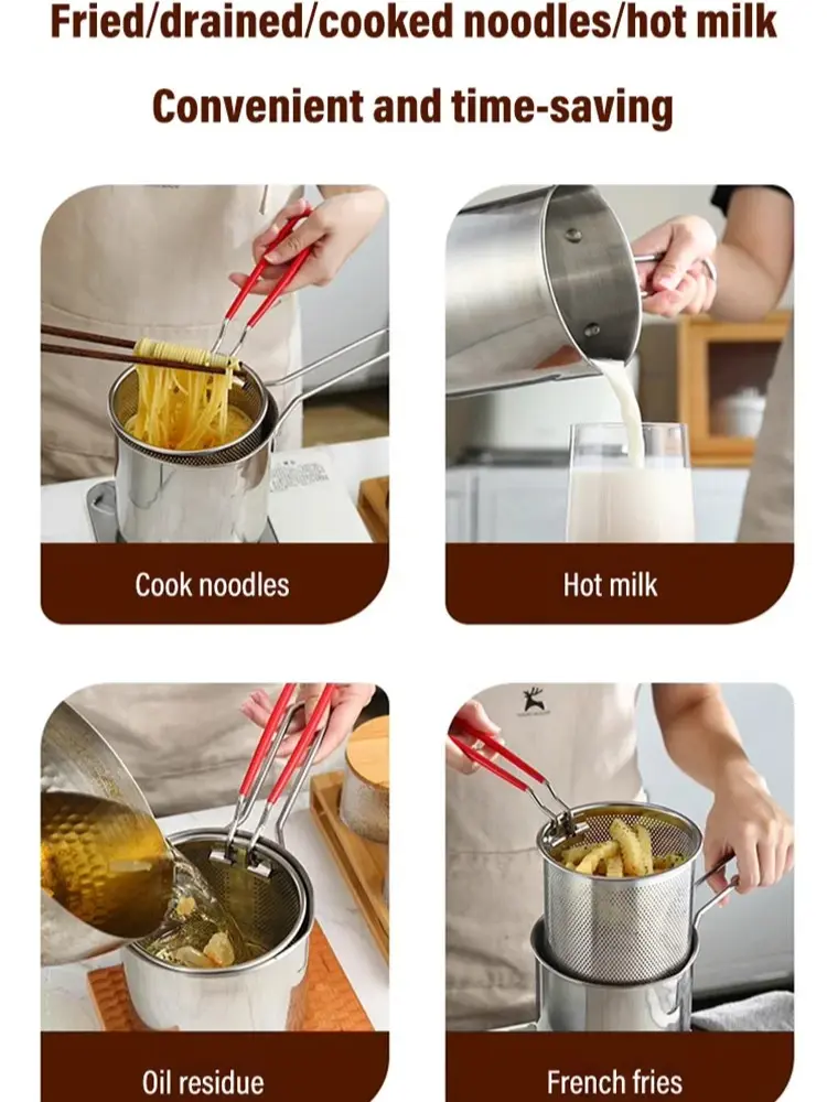 Splash-proof Small Fryer with Filter Stainless Steel Mini Fryer Heat Resistant Deep Fryer Set Uncoated Oil Filter Pot Fryer