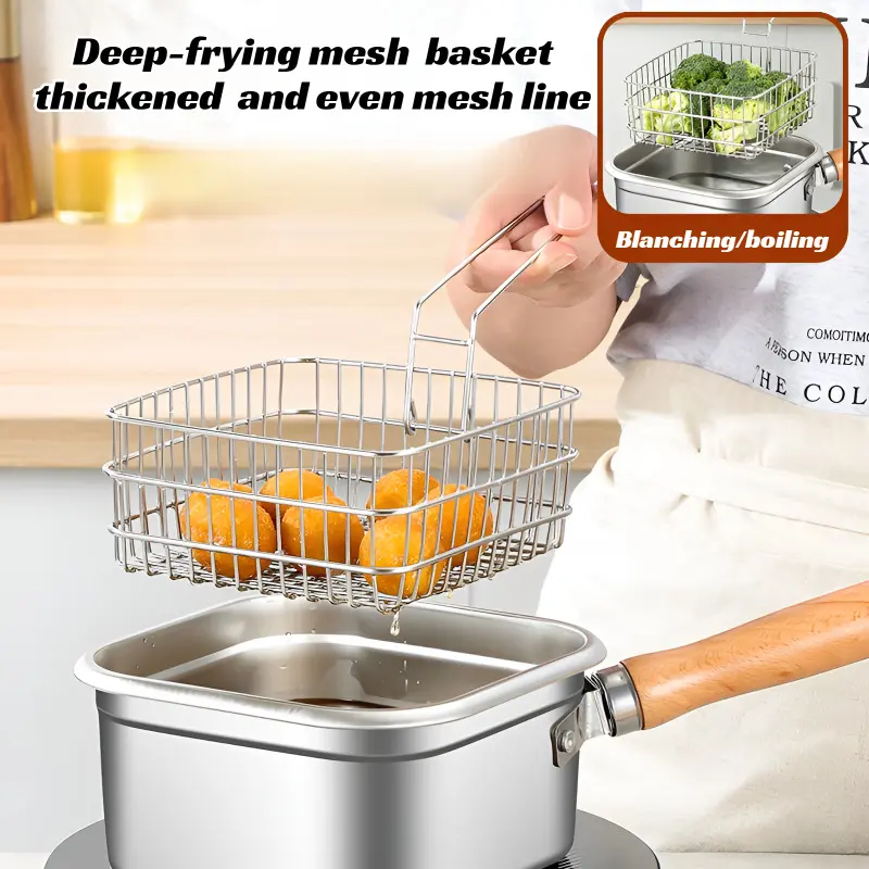 Stainless steel square frying pan tempura pot household milk pot noodle cooking pot outdoor portable
