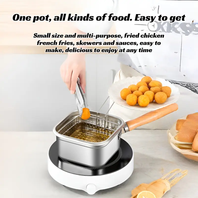 Stainless steel square frying pan tempura pot household milk pot noodle cooking pot outdoor portable