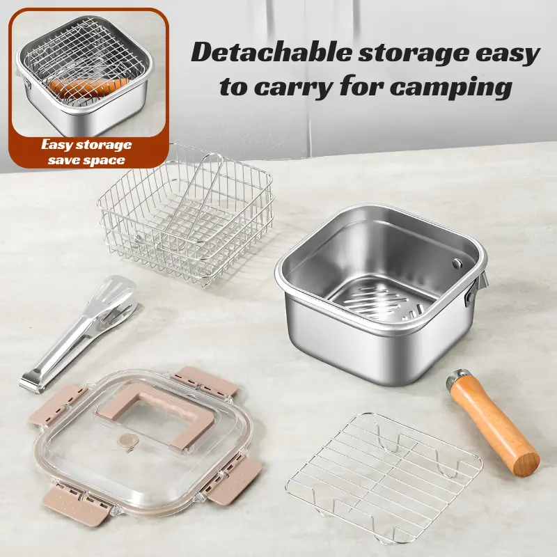 Stainless steel square frying pan tempura pot household milk pot noodle cooking pot outdoor portable