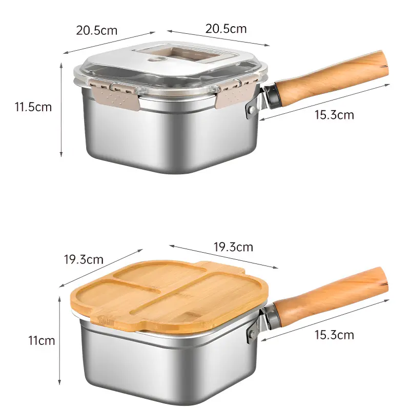 Stainless steel square frying pan tempura pot household milk pot noodle cooking pot outdoor portable