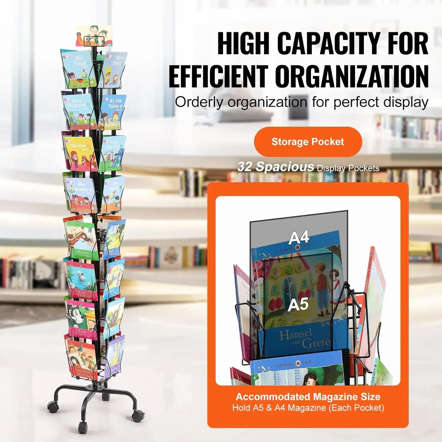 Greeting Cards Display Rack,32 Pockets Rotating Postcard Brochure Display Stand,360° Spinning Card Display Rack with Sign Holder