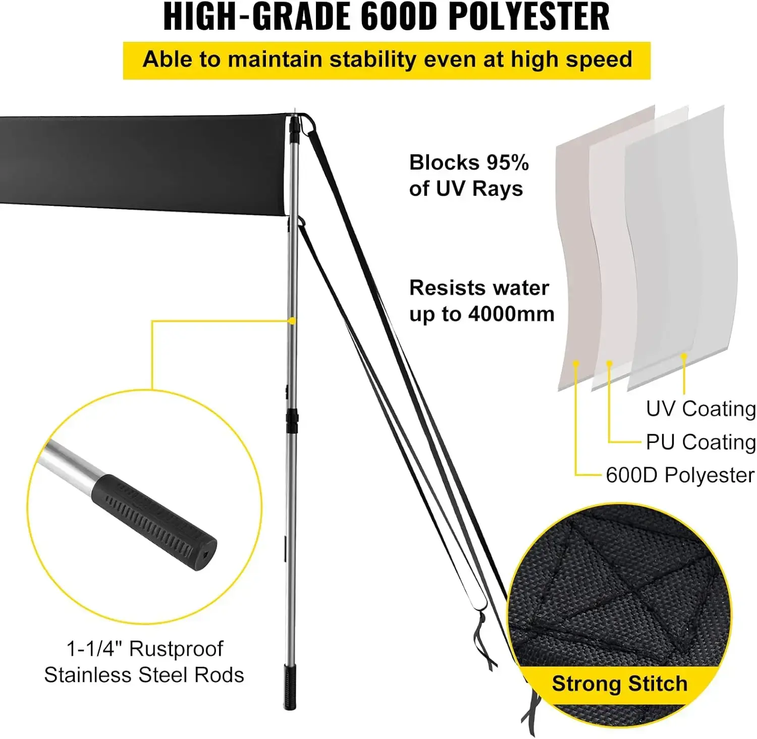 T-Top Sun Shade Kit 4' x 5', UV-Proof 600D Polyester T-top Extension Kit with Rustproof Steel Telescopic Poles, Easy to Assemble