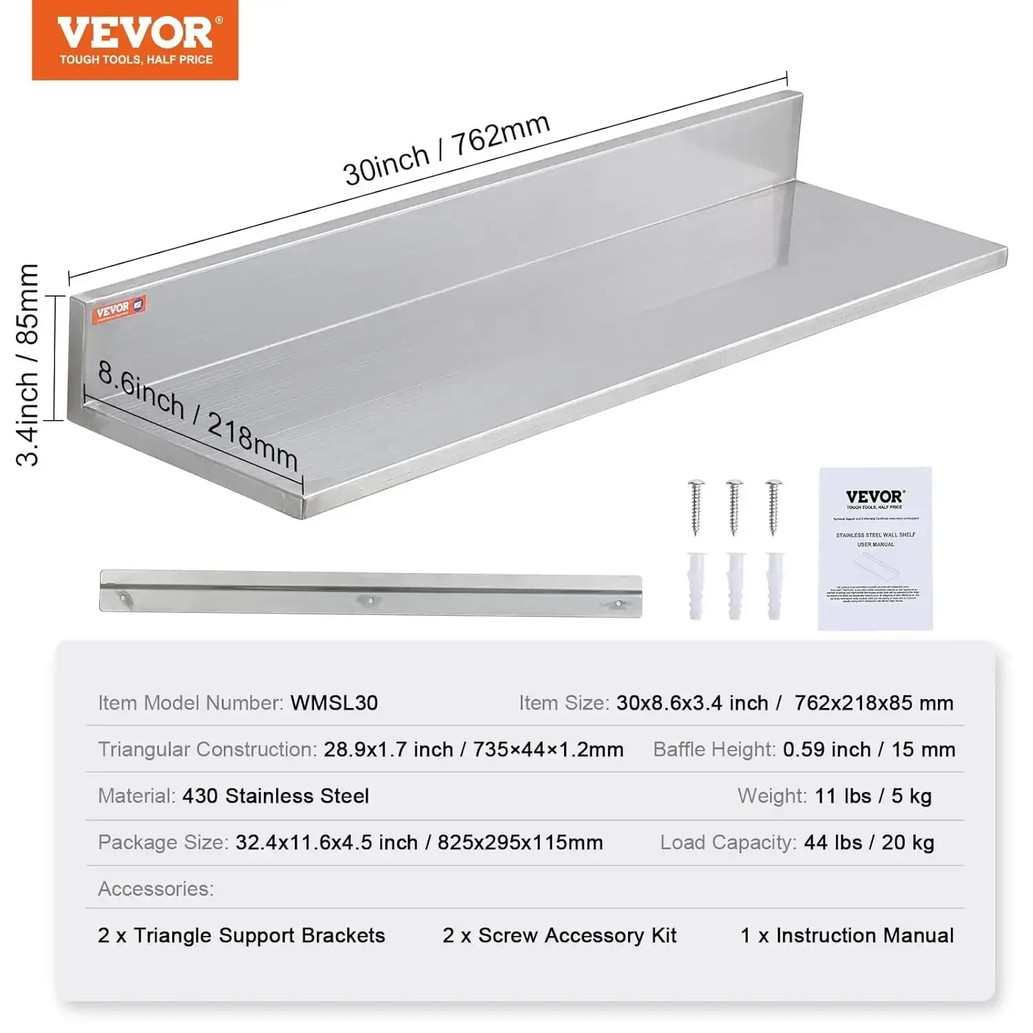 8.6" x 30" -2 Pack Stainless Steel Shelf, Wall Mounted Floating Shelving with Backsplash,44 lbs Load Capacity Commercial Shelves