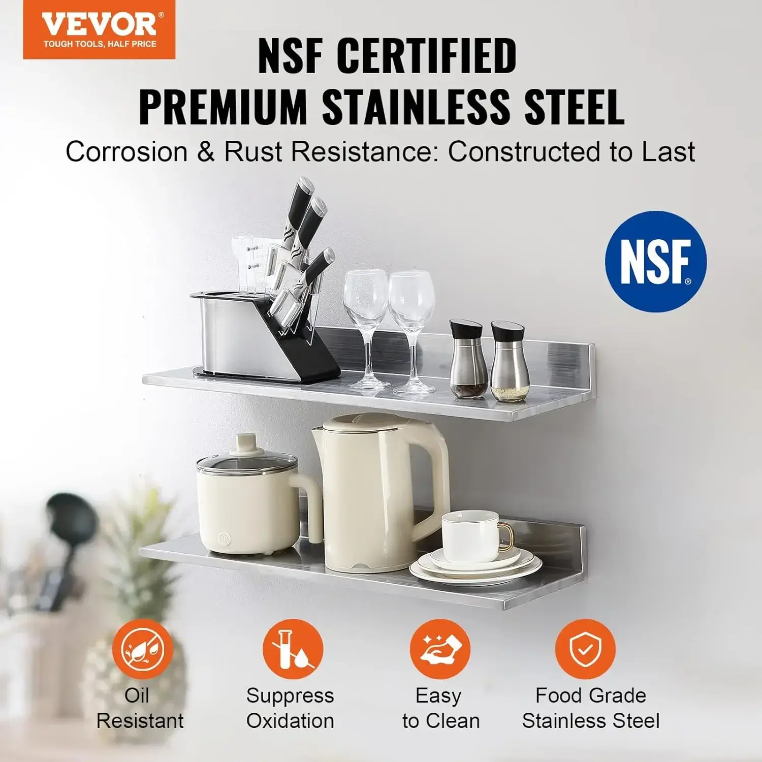 8.6" x 30" -2 Pack Stainless Steel Shelf, Wall Mounted Floating Shelving with Backsplash,44 lbs Load Capacity Commercial Shelves