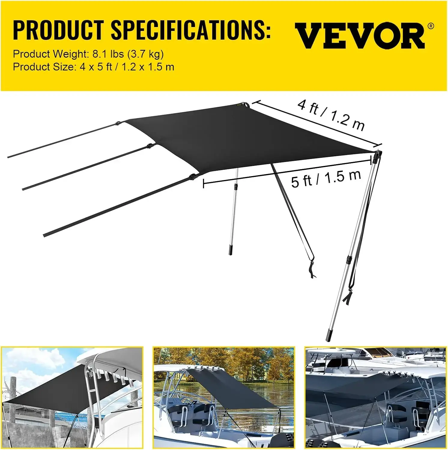 T-Top Sun Shade Kit 4' x 5', UV-Proof 600D Polyester T-top Extension Kit with Rustproof Steel Telescopic Poles, Easy to Assemble