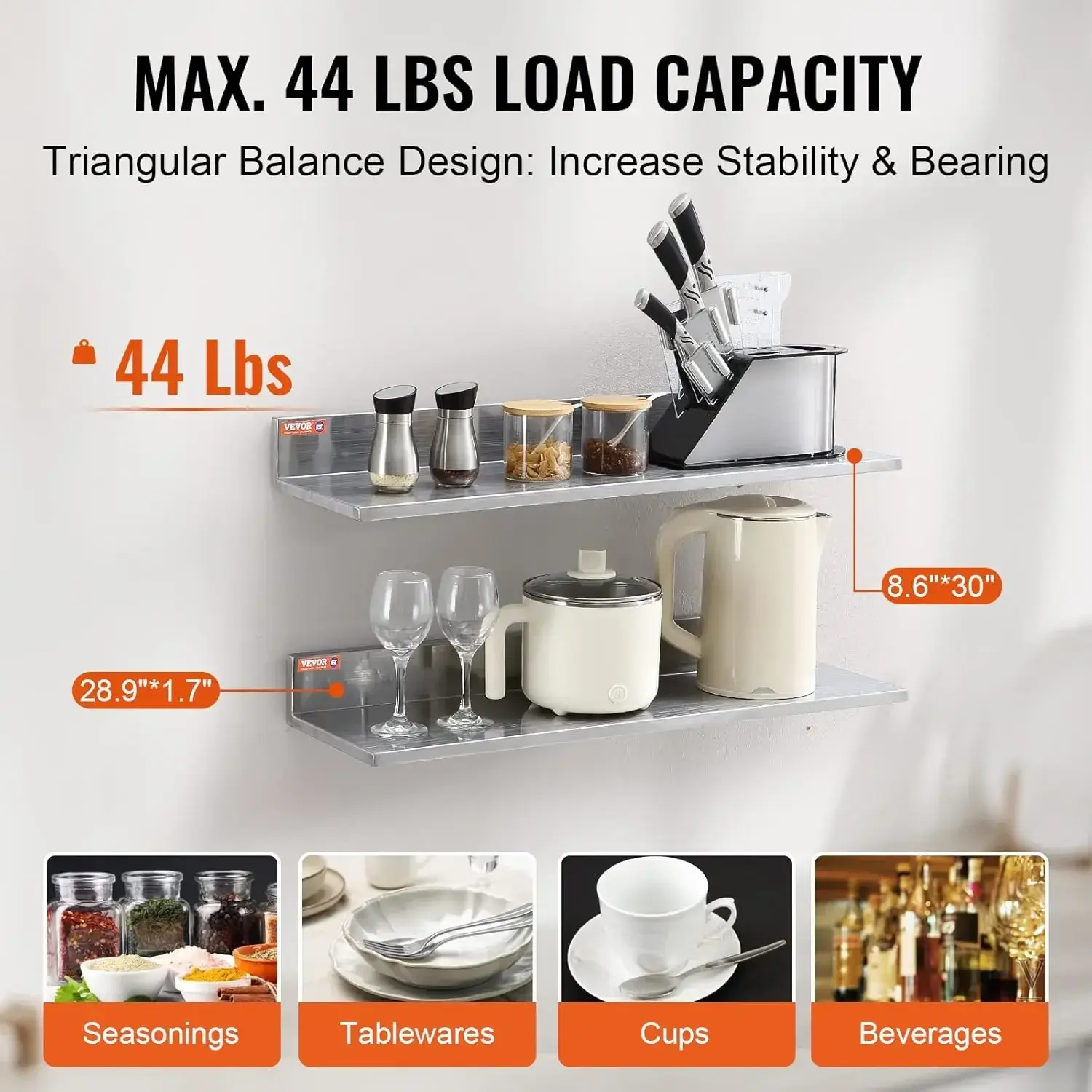 8.6" x 30" -2 Pack Stainless Steel Shelf, Wall Mounted Floating Shelving with Backsplash,44 lbs Load Capacity Commercial Shelves