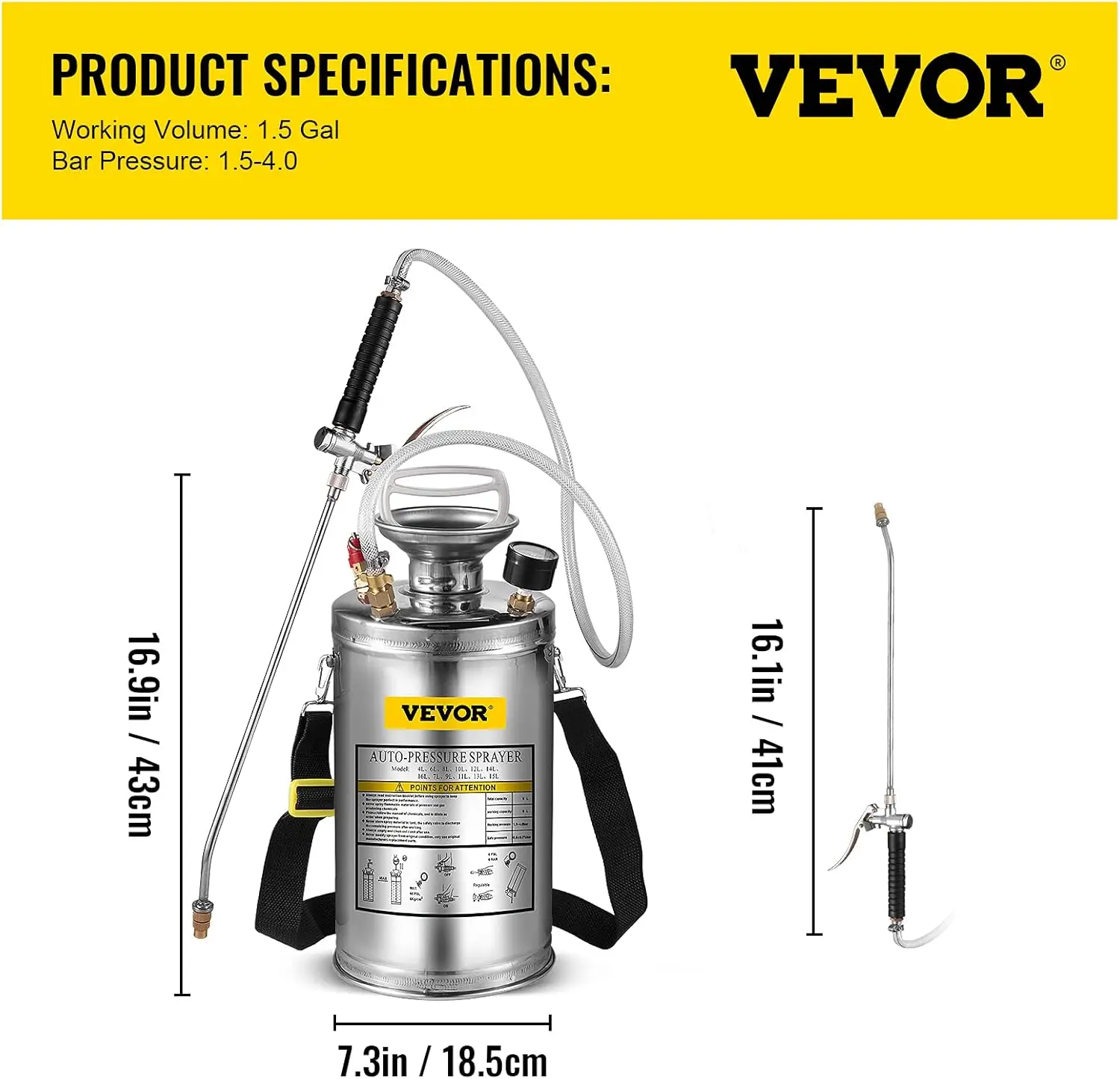 1.5 Gallon Stainless Steel Sprayer, 16" Wand&3.3FT Reinforced Hose, Hand Pump Sprayer with Pressure Gauge