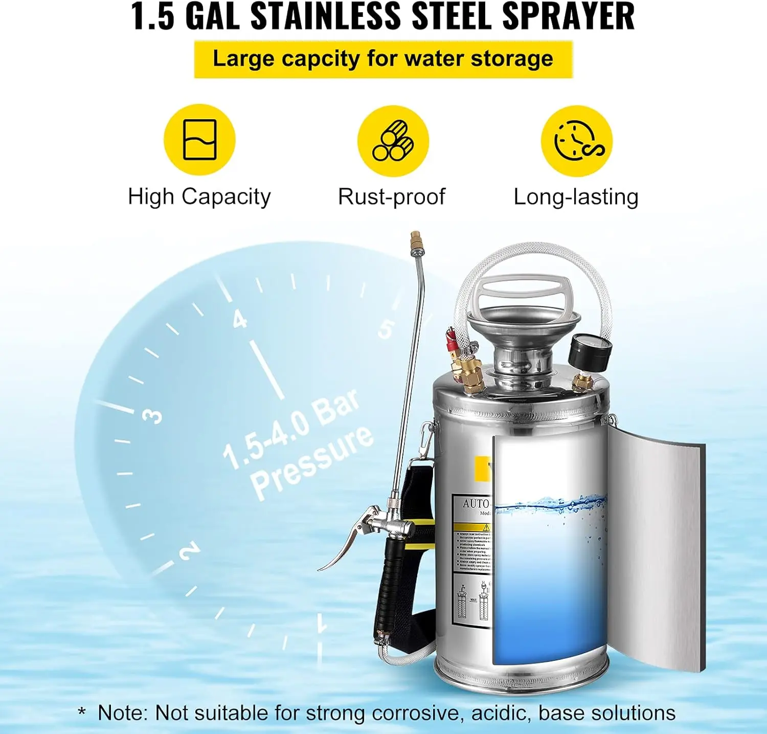 1.5 Gallon Stainless Steel Sprayer, 16" Wand&3.3FT Reinforced Hose, Hand Pump Sprayer with Pressure Gauge