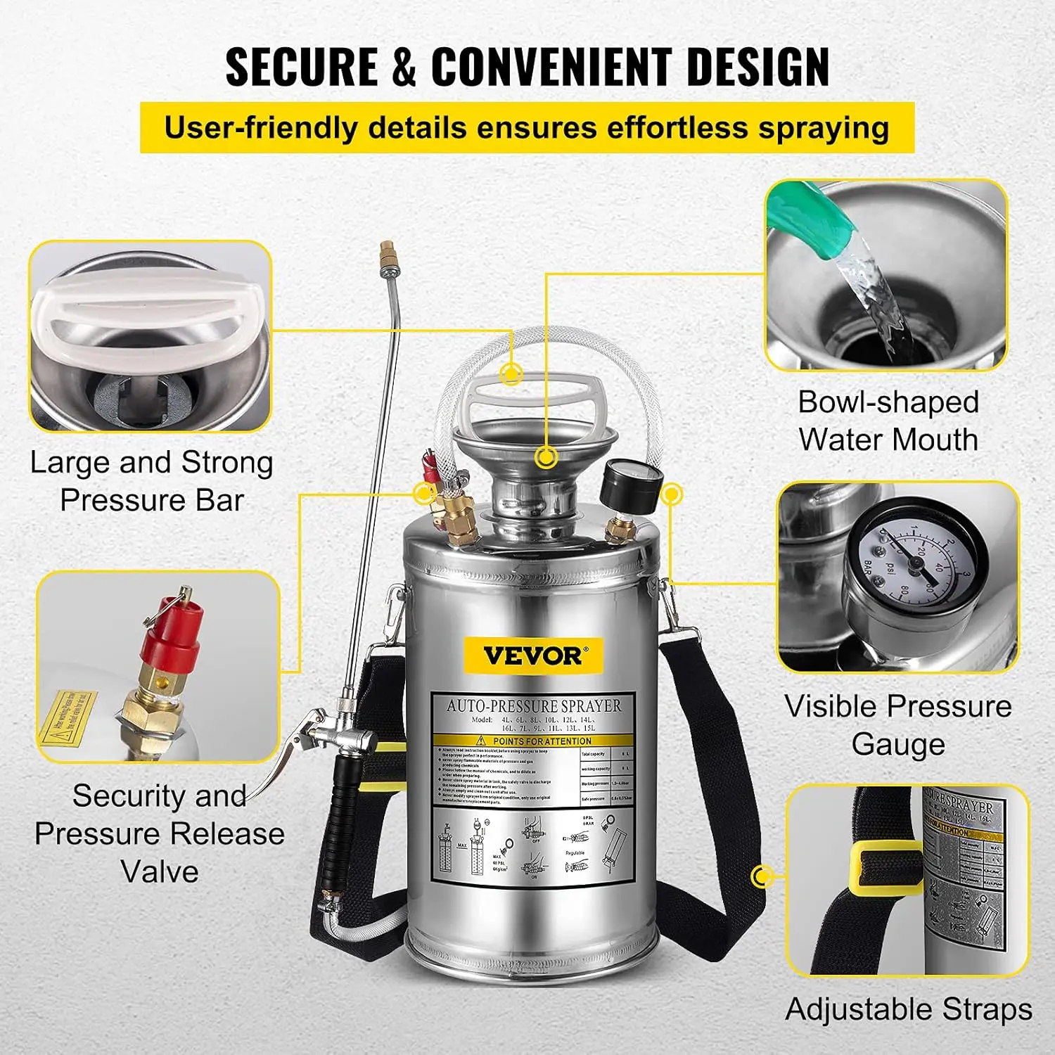 1.5 Gallon Stainless Steel Sprayer, 16" Wand&3.3FT Reinforced Hose, Hand Pump Sprayer with Pressure Gauge