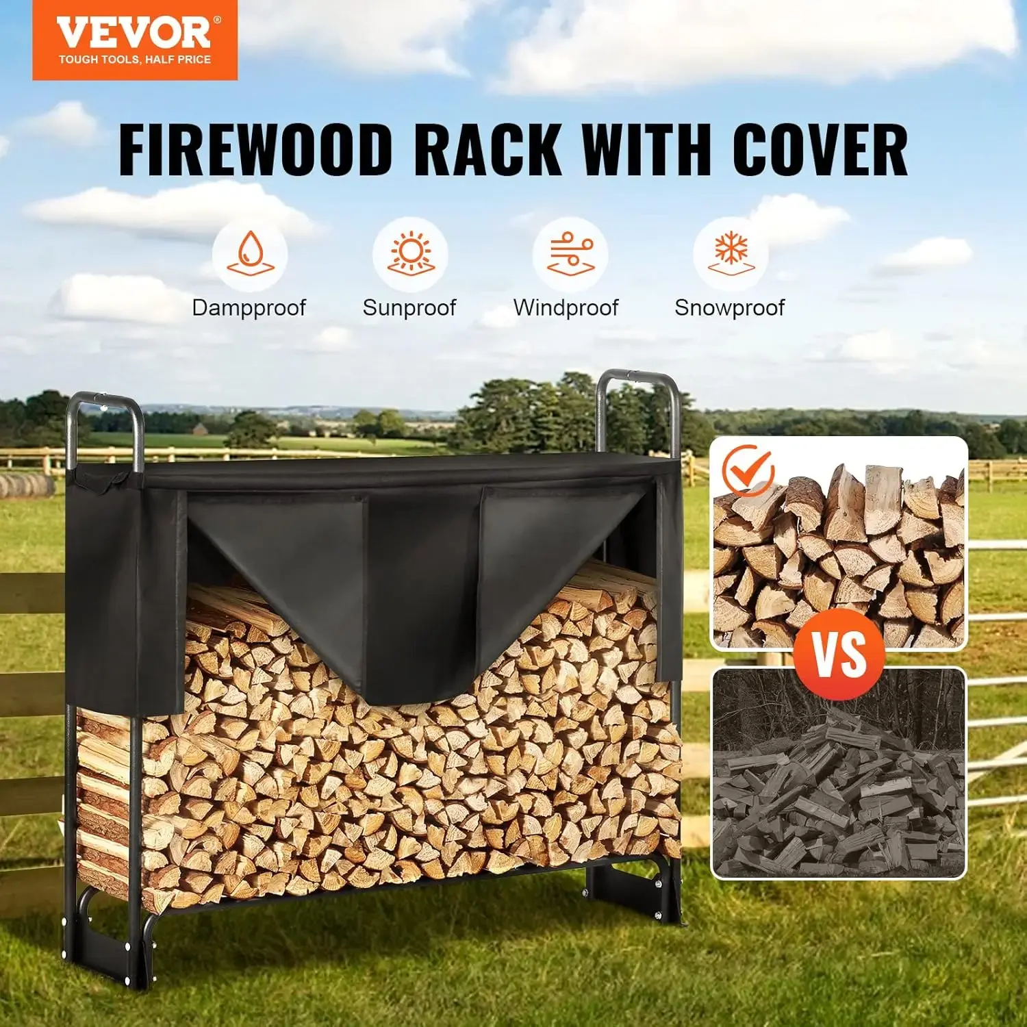 4.3FT Outdoor Firewood Rack with Cover, 52x14.2x46.1 in, Heavy Duty Firewood Holder & 600D Oxford Waterproof Cover for Fireplace