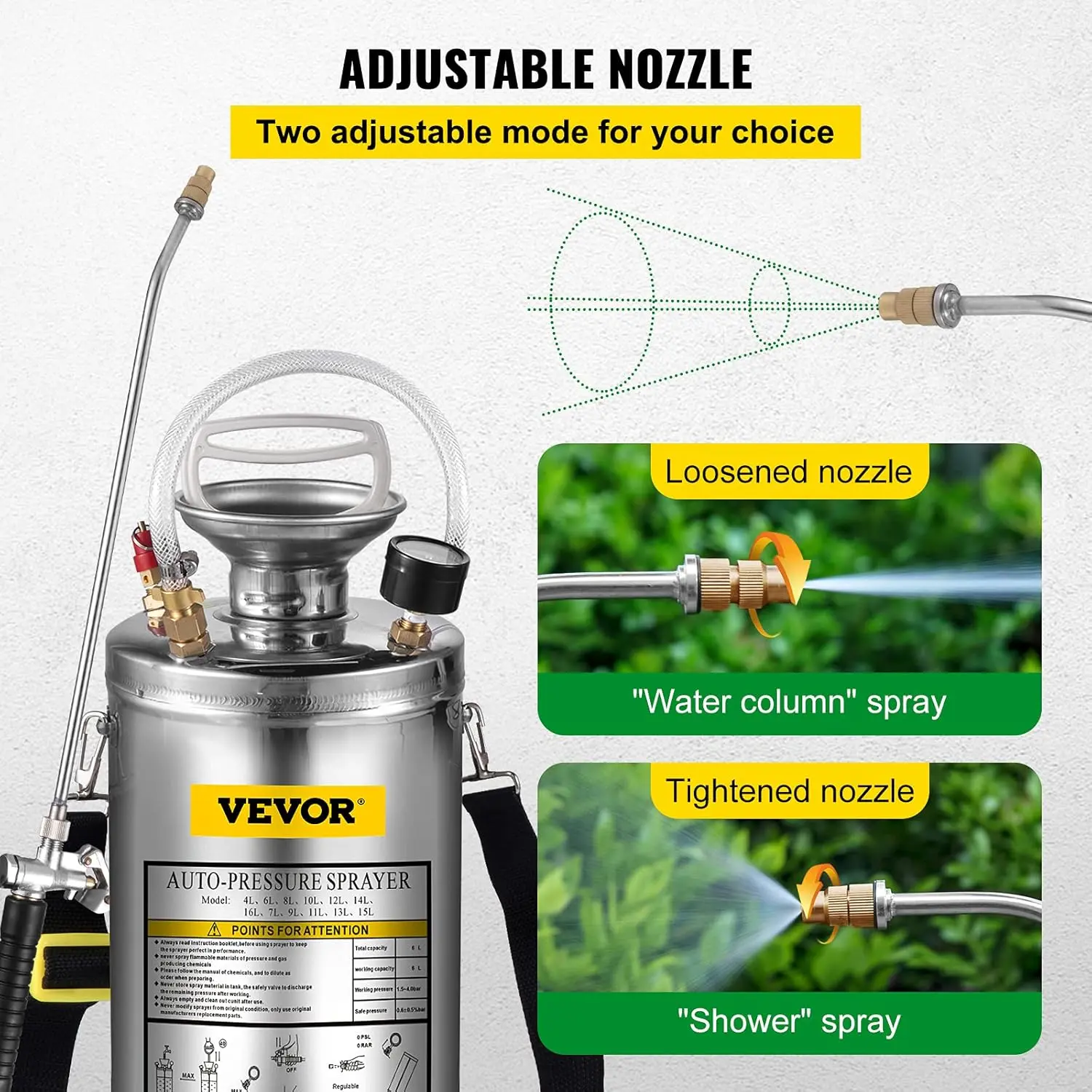 1.5 Gallon Stainless Steel Sprayer, 16" Wand&3.3FT Reinforced Hose, Hand Pump Sprayer with Pressure Gauge