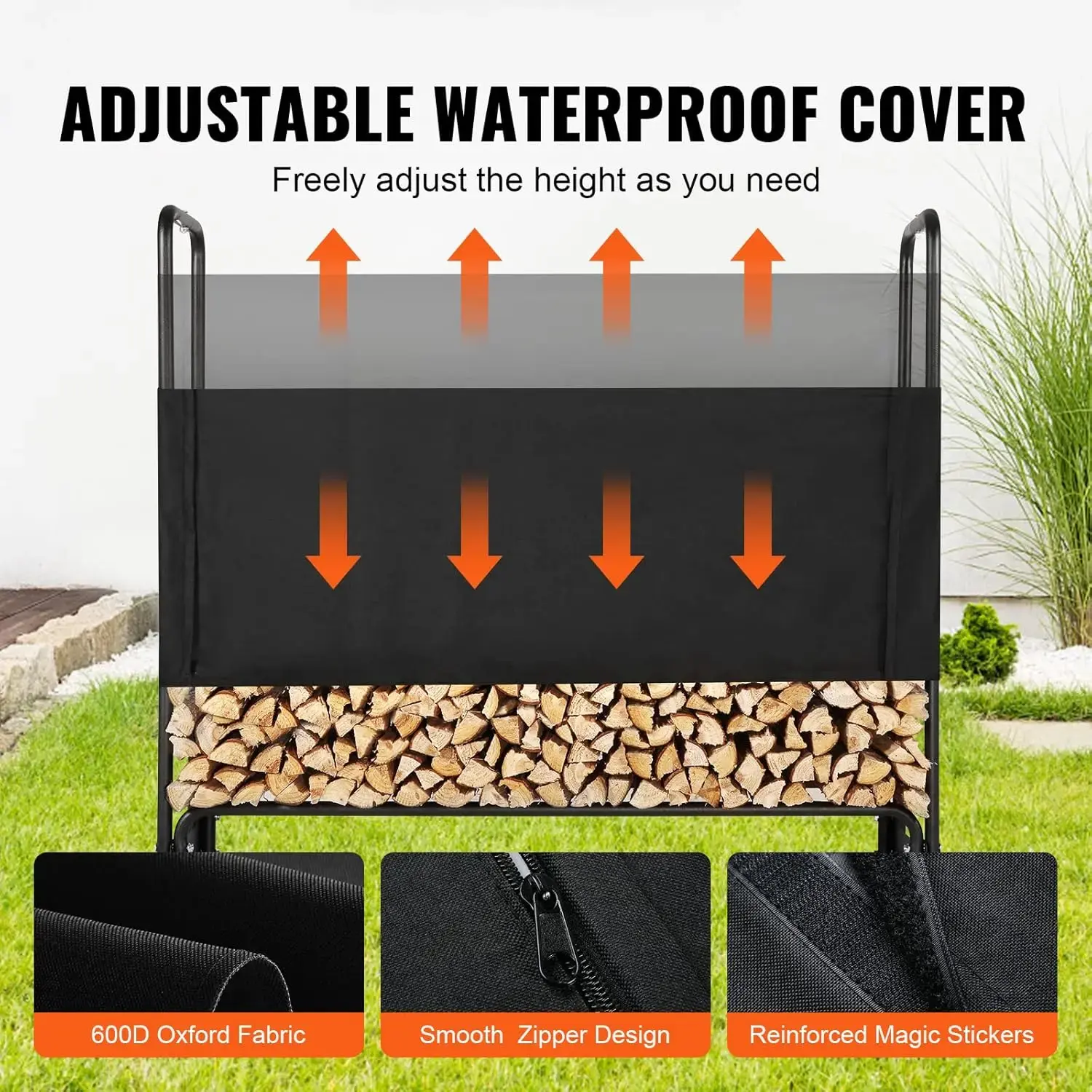 4.3FT Outdoor Firewood Rack with Cover, 52x14.2x46.1 in, Heavy Duty Firewood Holder & 600D Oxford Waterproof Cover for Fireplace