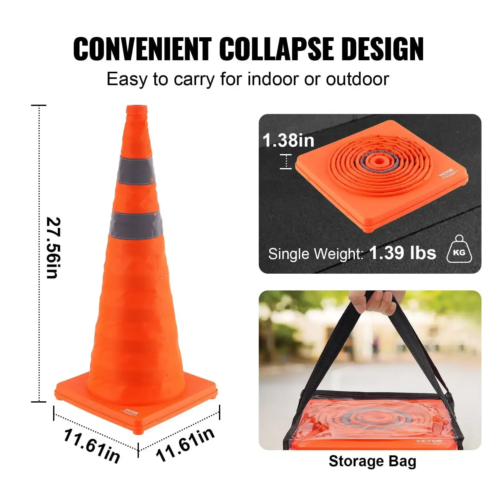 Safety Cones, 2 Pack 28 inch Collapsible Traffic Cones, Construction Cones with Reflective Collars, Wide Base and A Storage Bag