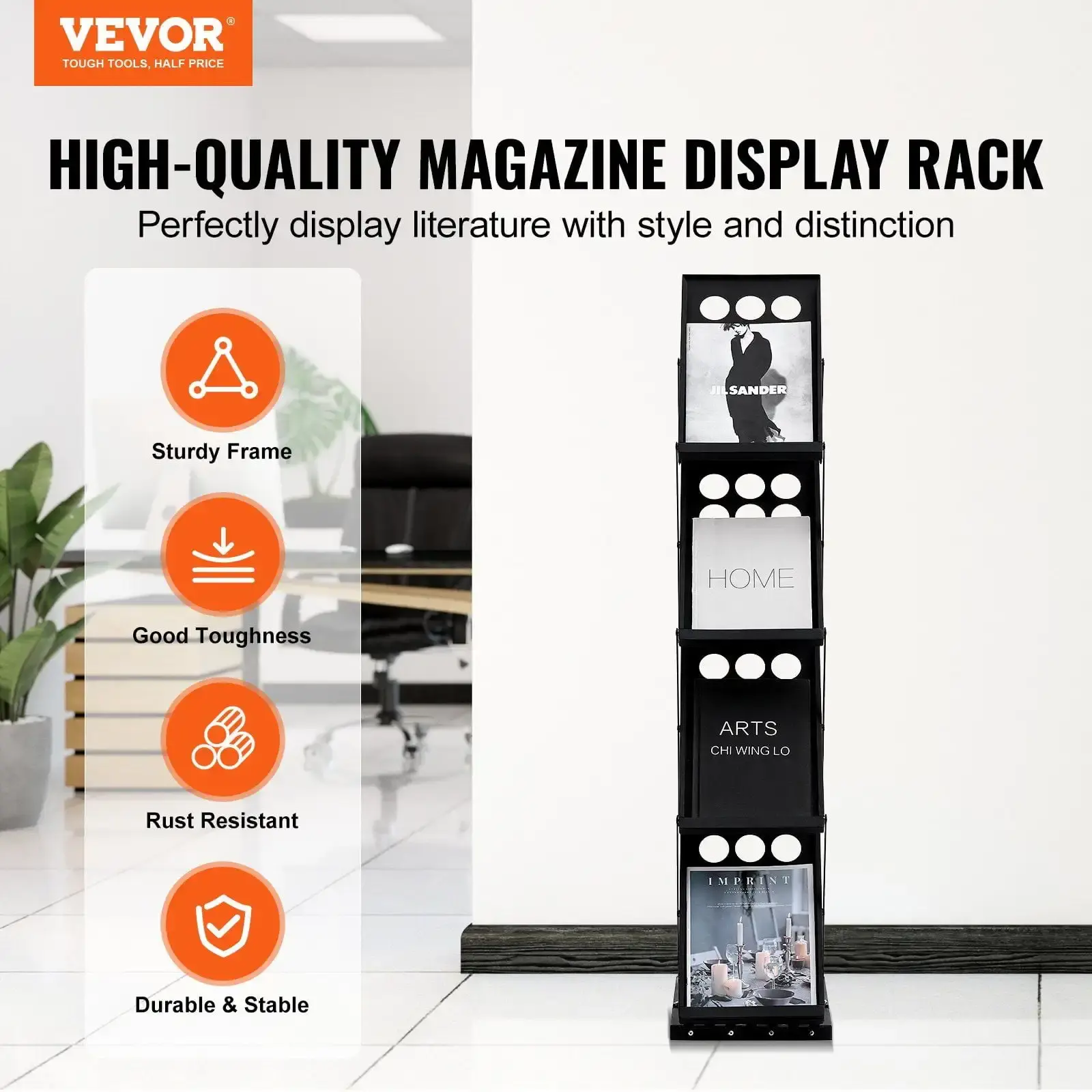 Foldable Magazine Display Rack, 4-Tier Brochure Literature Display Stand, Portable Catalog Brochure Holder Stand