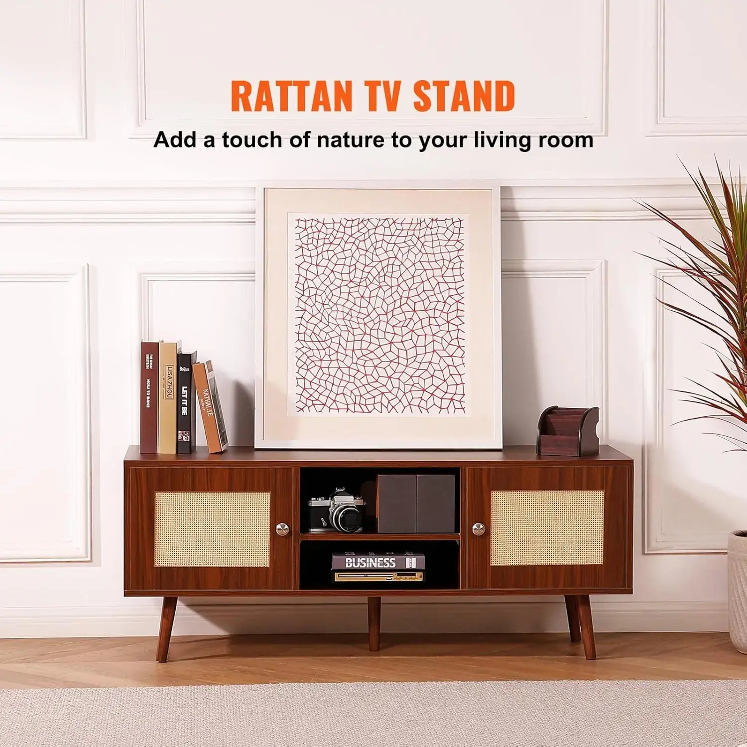 Rattan TV Stand, Boho TV Cabinet for 55 inch TV, Mid Century Modern TV Stand