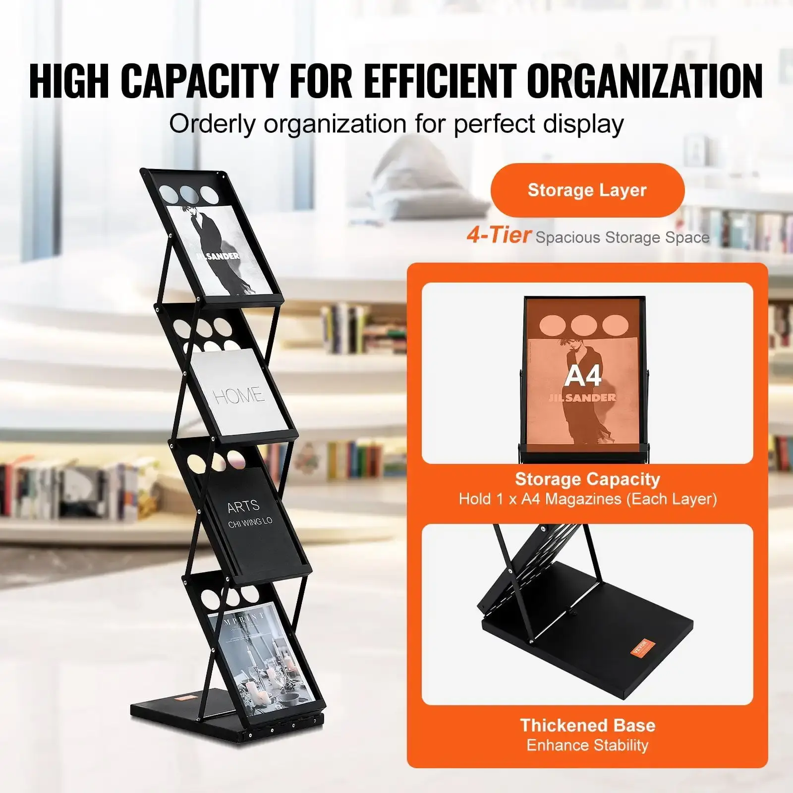 Foldable Magazine Display Rack, 4-Tier Brochure Literature Display Stand, Portable Catalog Brochure Holder Stand