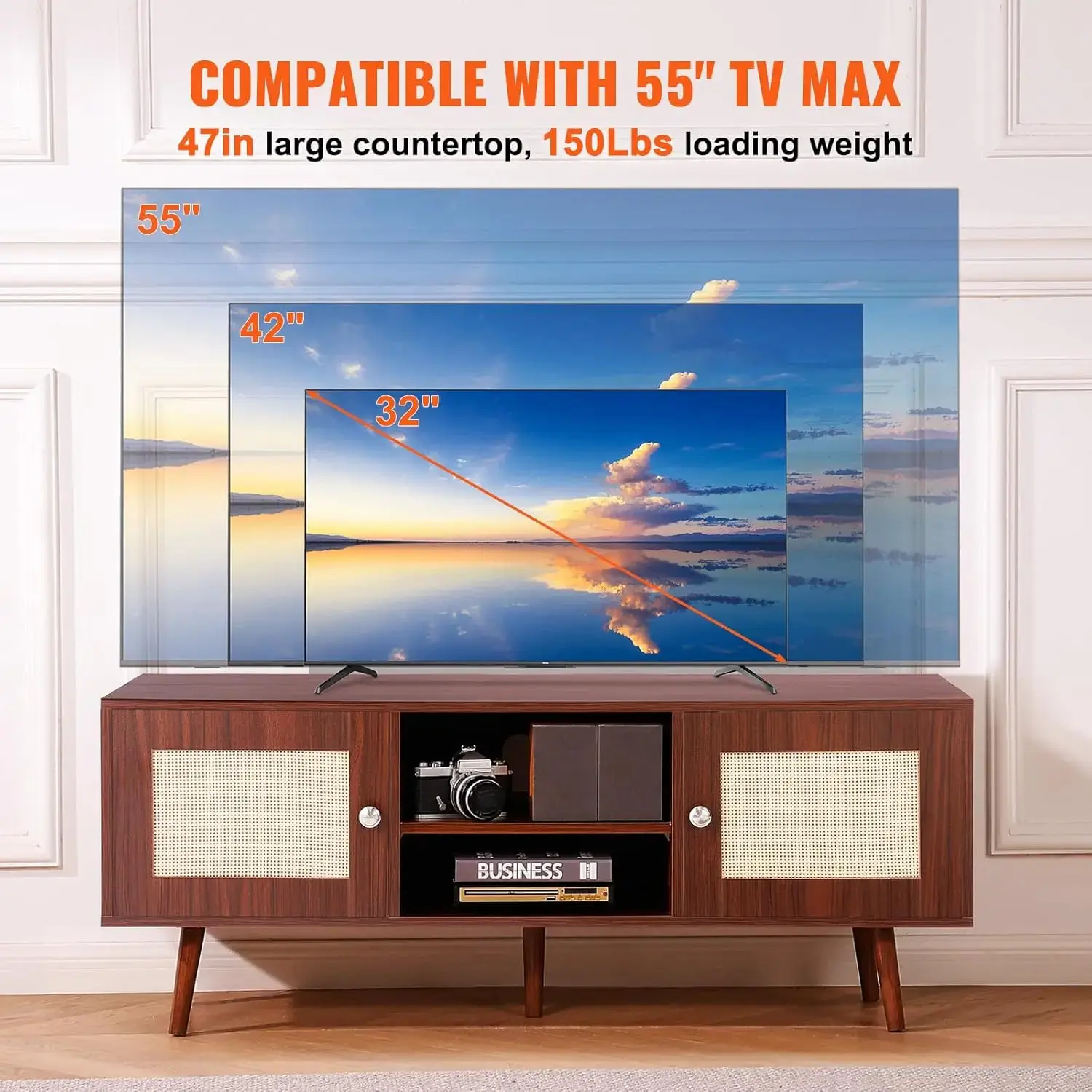 Rattan TV Stand, Boho TV Cabinet for 55 inch TV, Mid Century Modern TV Stand
