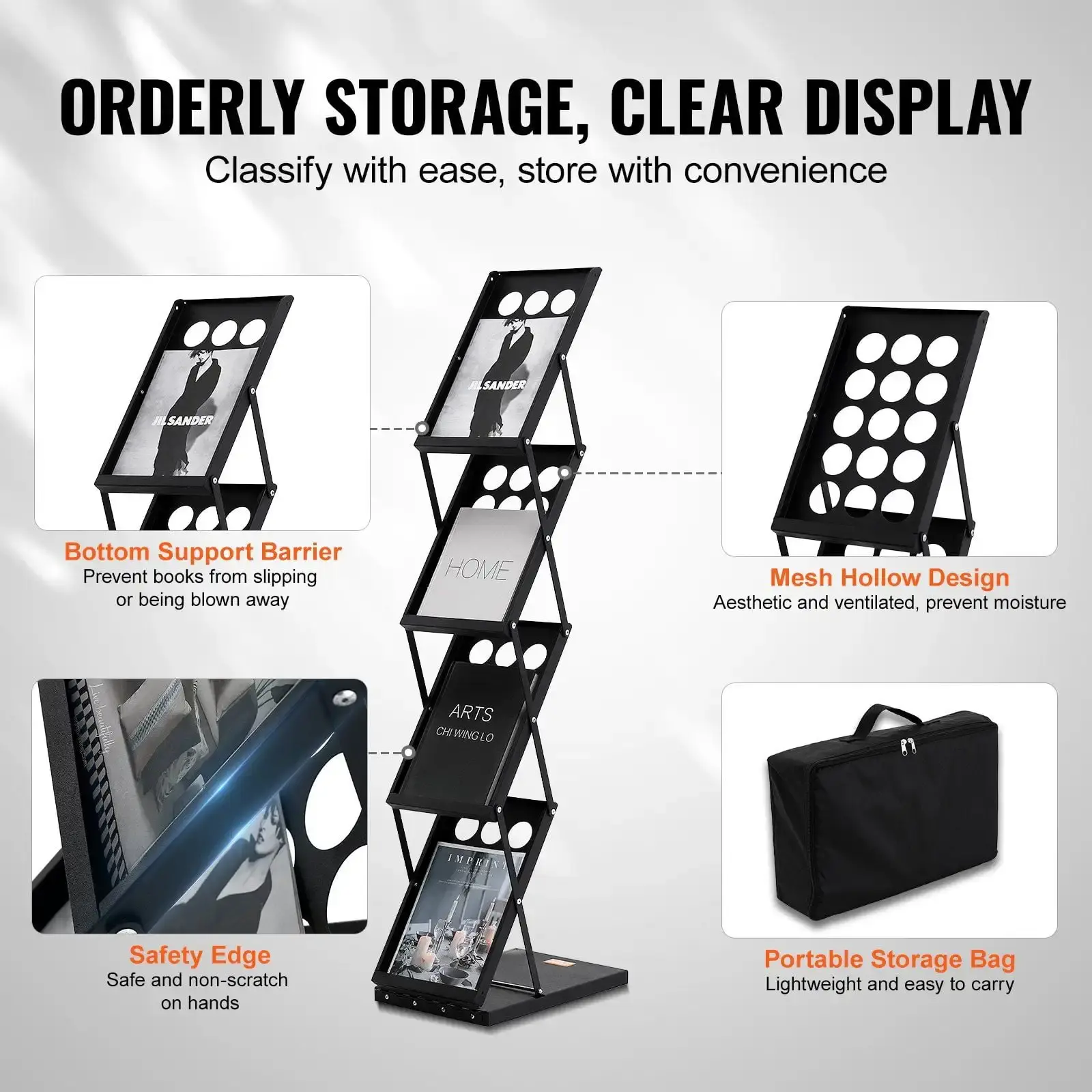 Foldable Magazine Display Rack, 4-Tier Brochure Literature Display Stand, Portable Catalog Brochure Holder Stand
