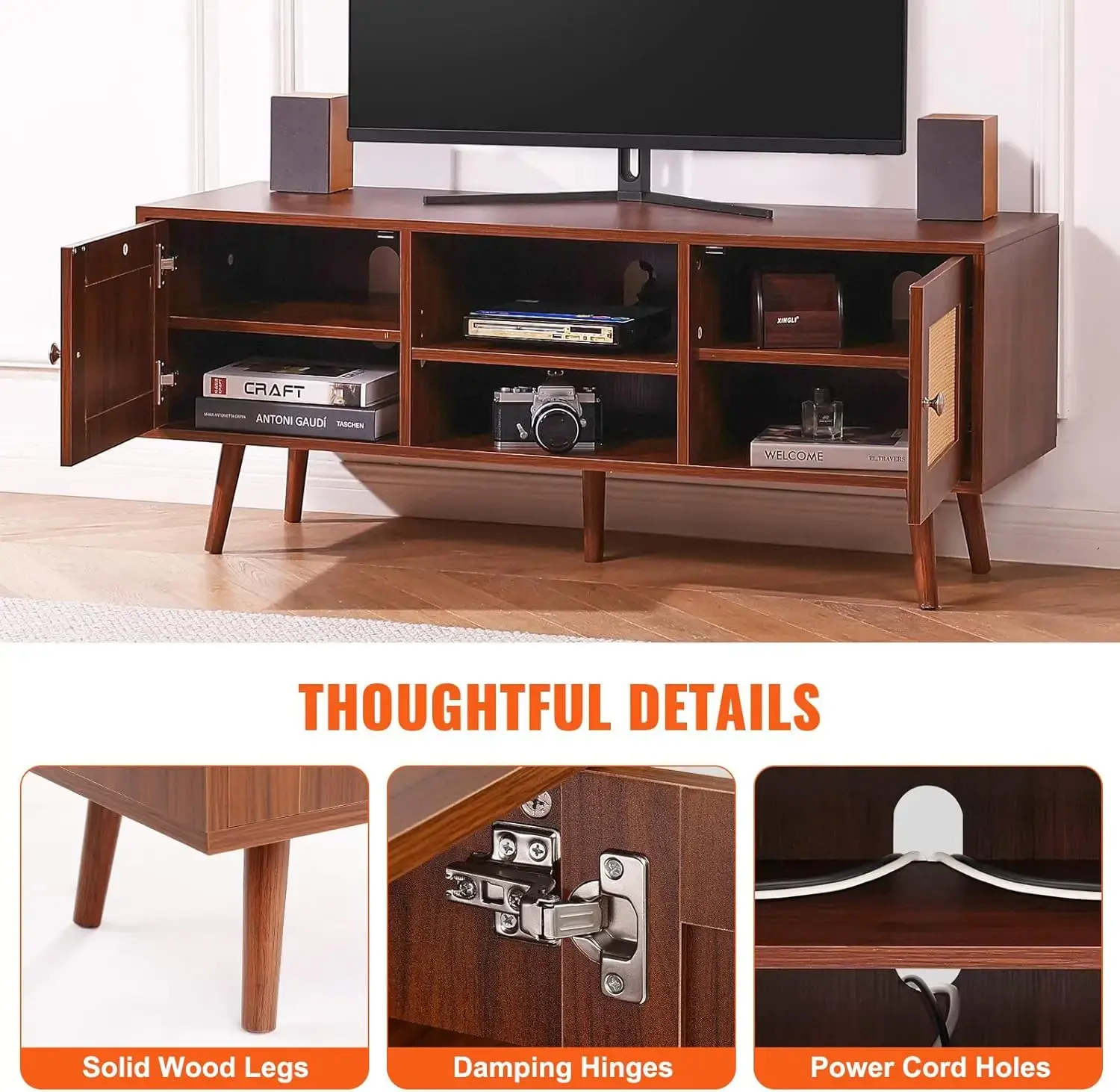 Rattan TV Stand, Boho TV Cabinet for 55 inch TV, Mid Century Modern TV Stand