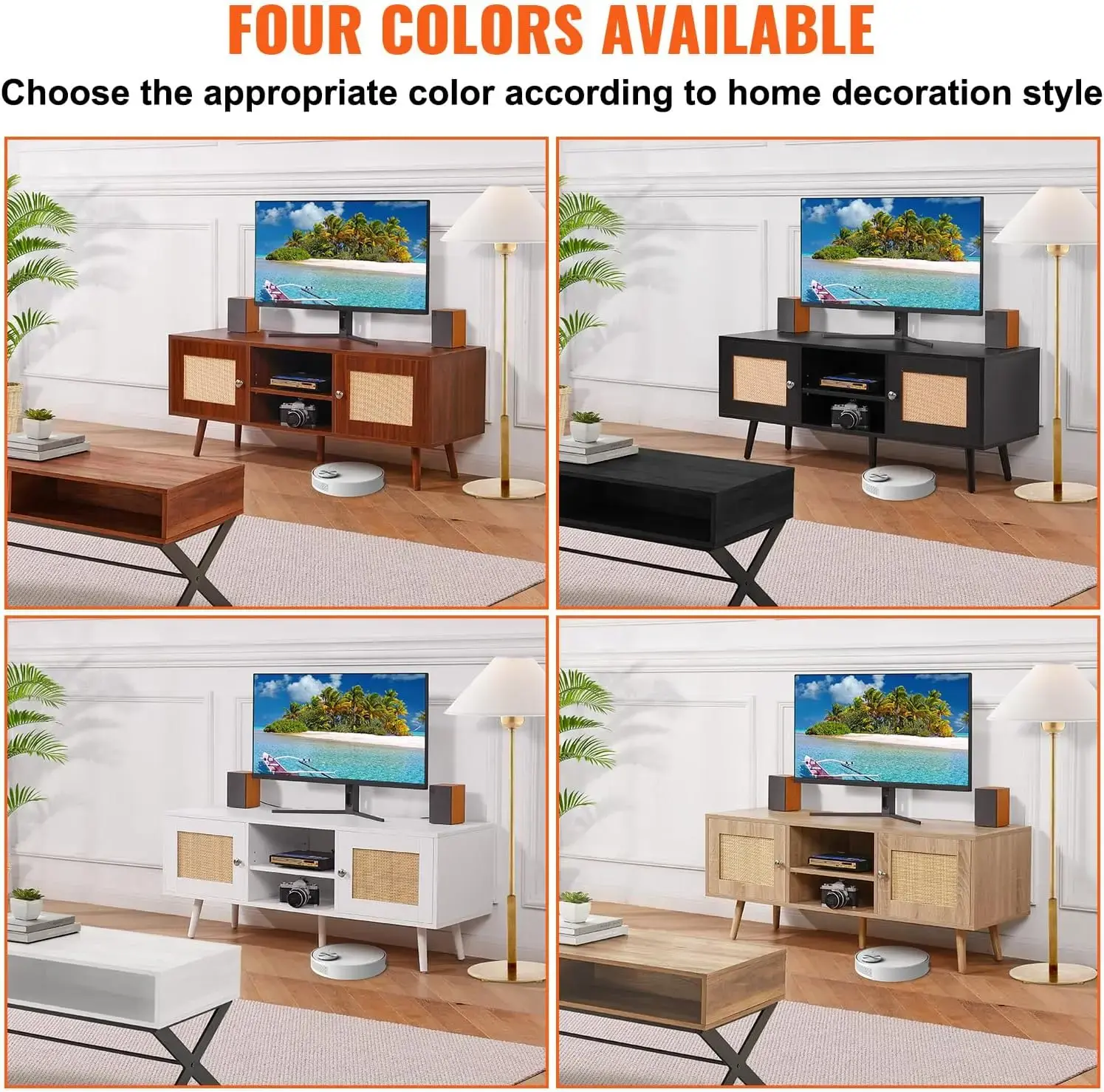 Rattan TV Stand, Boho TV Cabinet for 55 inch TV, Mid Century Modern TV Stand