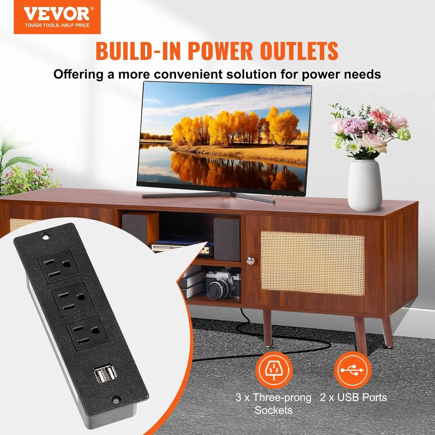 Rattan TV Stand, Mid Century Modern TV Stand for 65 inch TV, Boho Rattan TV Cabinet with Build-in Socket and USB Ports