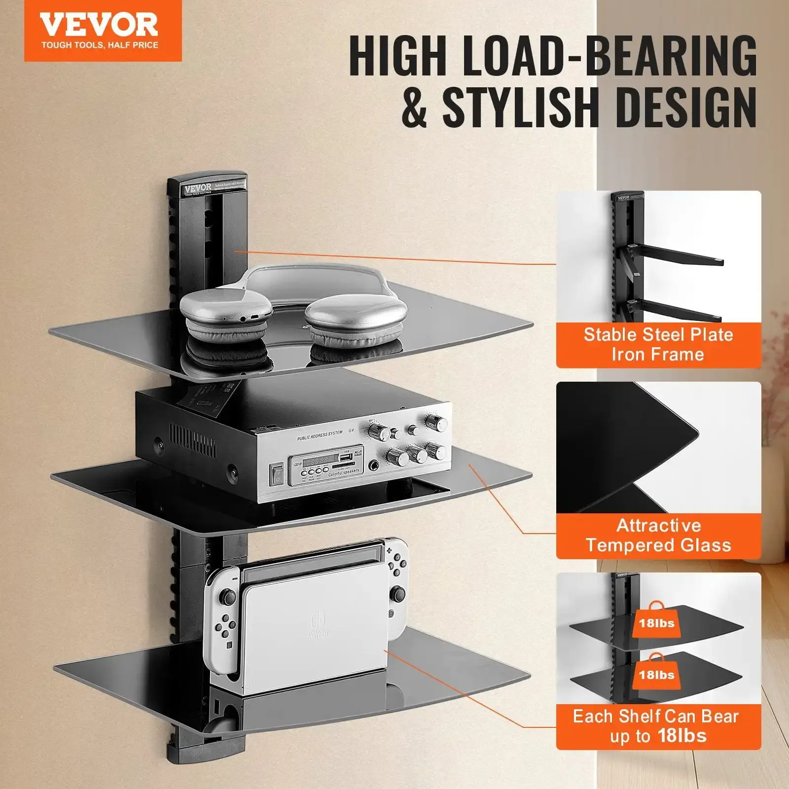 3 Tiers Wall Mounted AV Media Stand Adjustable Floating Projector Shelf, Design 3-Tier AV Media Stand Corner Shelf