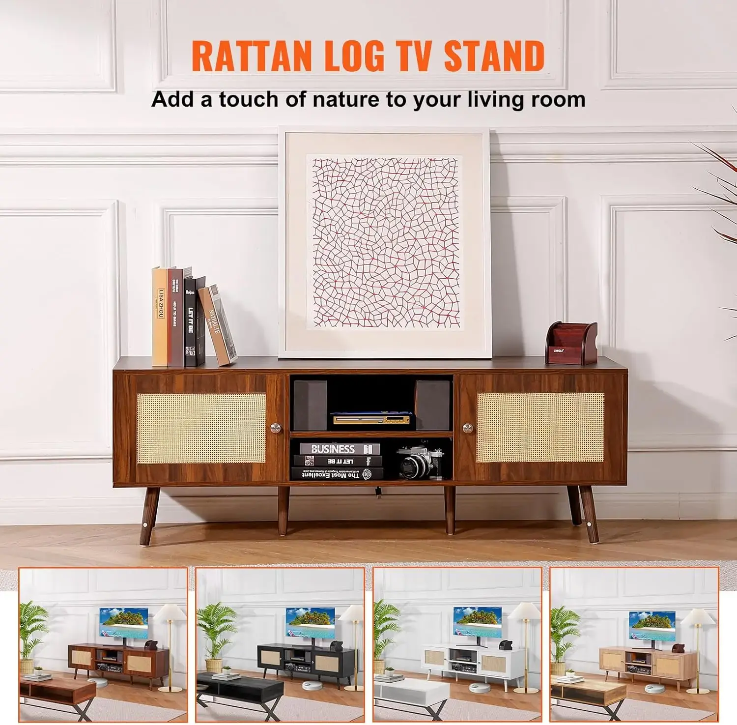 Rattan TV Stand, Mid Century Modern TV Stand for 65 inch TV, Boho Rattan TV Cabinet with Build-in Socket and USB Ports