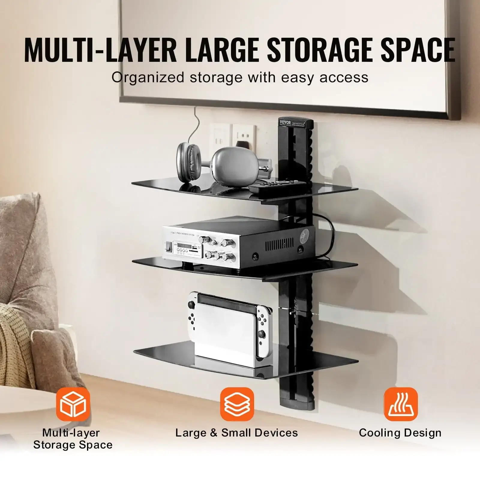 3 Tiers Wall Mounted AV Media Stand Adjustable Floating Projector Shelf, Design 3-Tier AV Media Stand Corner Shelf