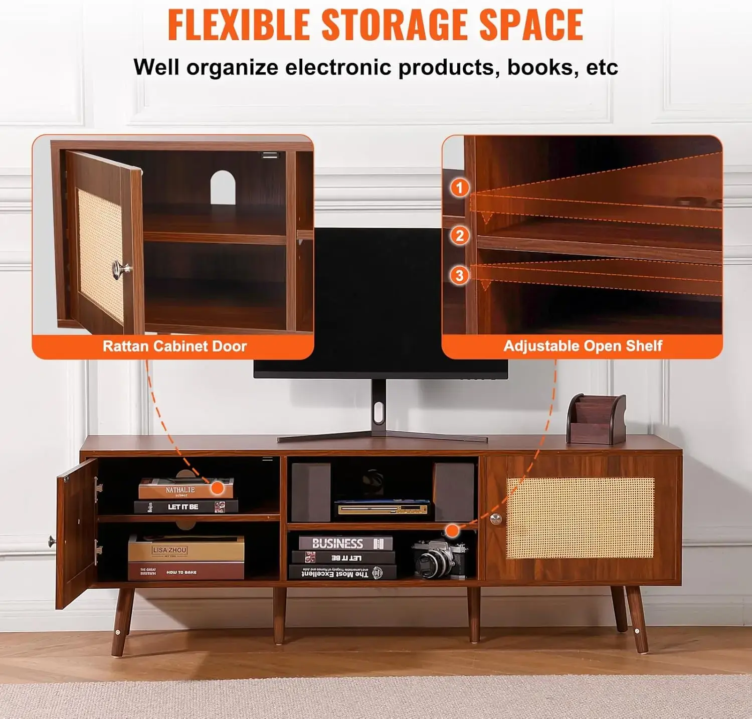 Rattan TV Stand, Mid Century Modern TV Stand for 65 inch TV, Boho Rattan TV Cabinet with Build-in Socket and USB Ports