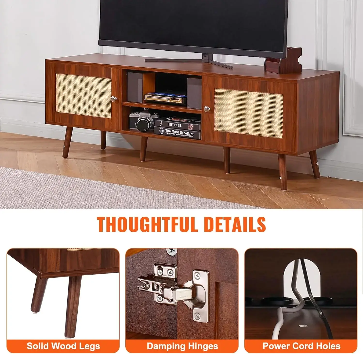 Rattan TV Stand, Mid Century Modern TV Stand for 65 inch TV, Boho Rattan TV Cabinet with Build-in Socket and USB Ports