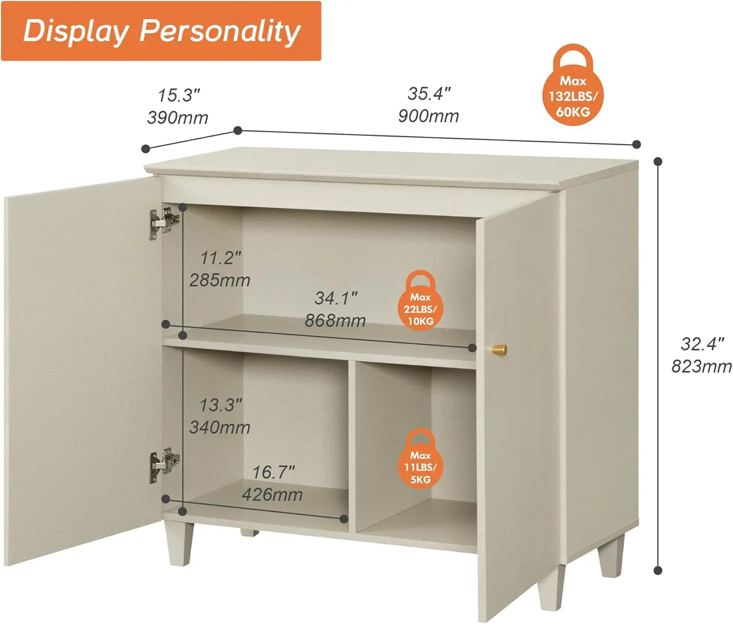 Buffet Cabinet Sideboards, 35.4" Wood Credenza Console Table, Kitchen Storage Cabinet with 3 Compartments & Solid Wood Legs
