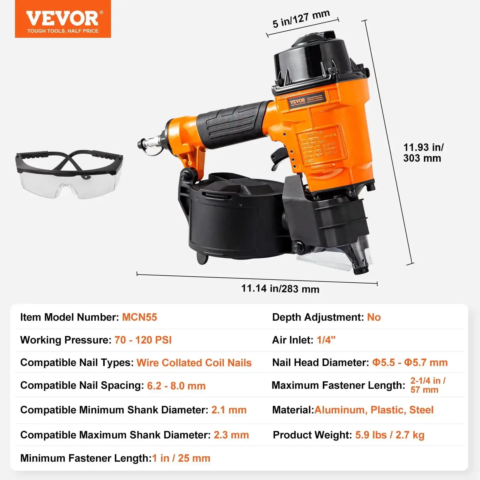 Coil Siding Nailer 1 inch to 2-1/4-inch 15 Degree Pneumatic Nail Gun