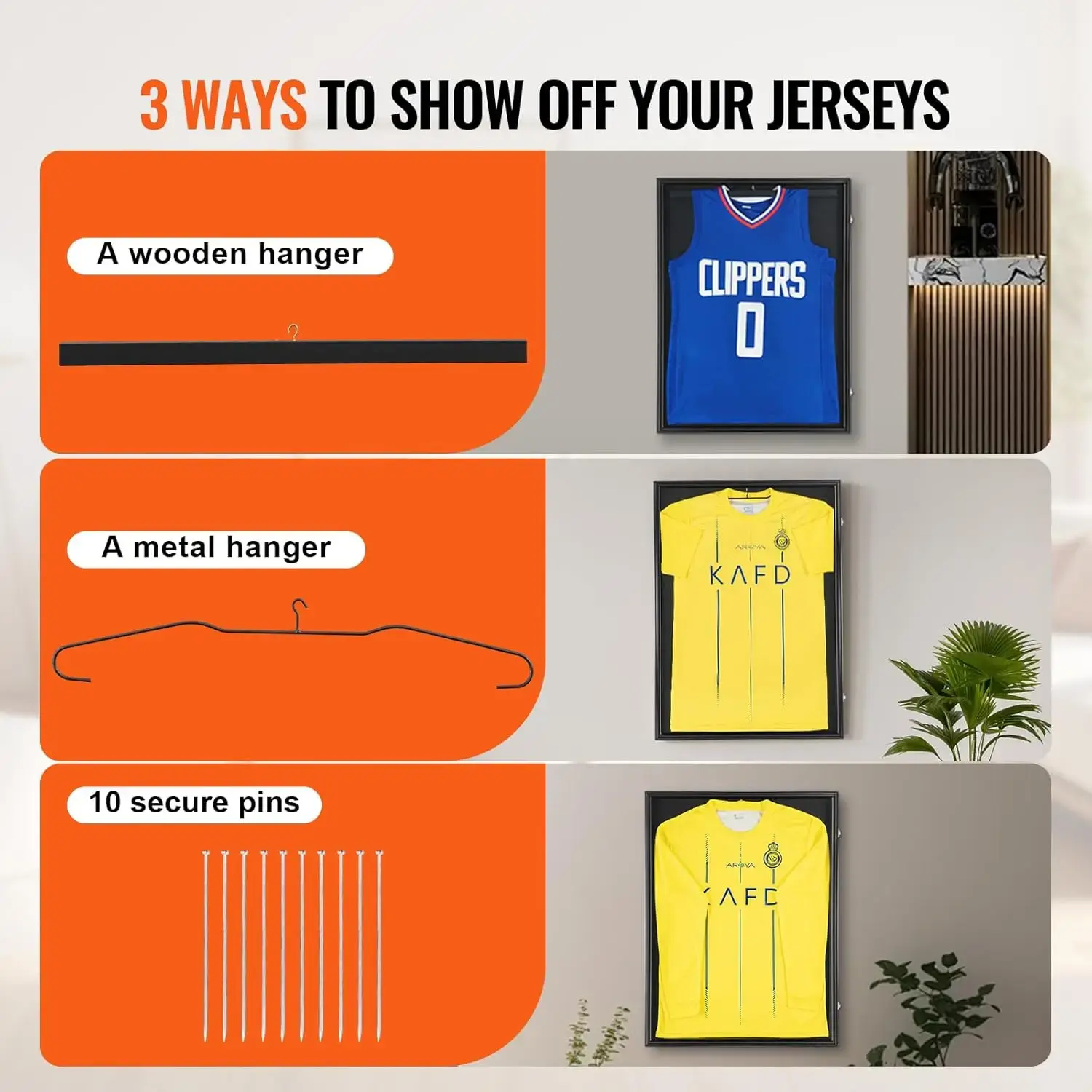 Jersey Display Frame Case, 24 x 32 x 1.5 in, Large Lockable Sport Jersey Shadow Box with 98% UV Protection PC Glass and Hangers