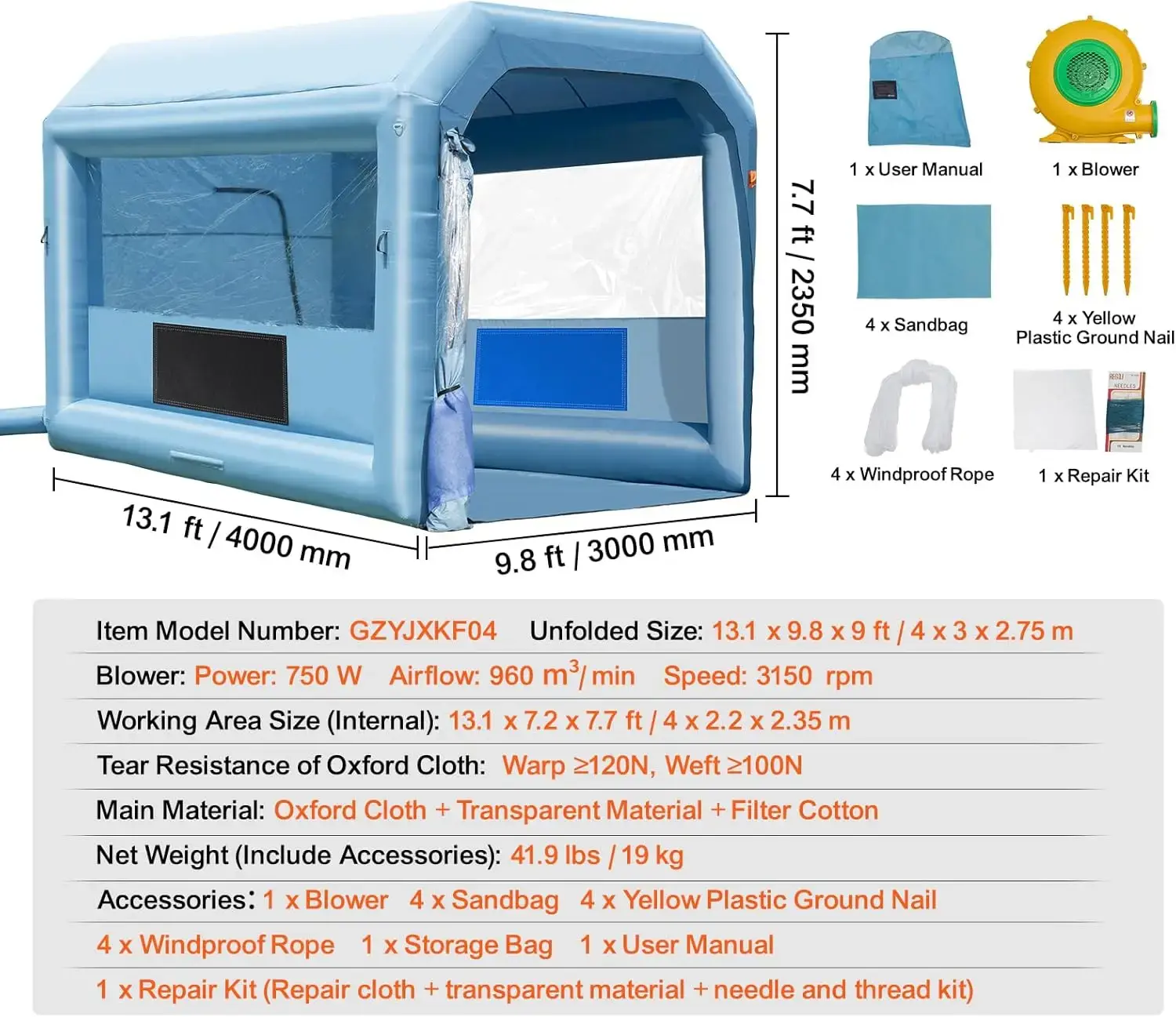 Inflatable Paint Booth, 13.1 x 9.8 x 9 ft Inflatable Spray Booth, with 750W Powerful Blower and Air Filter System