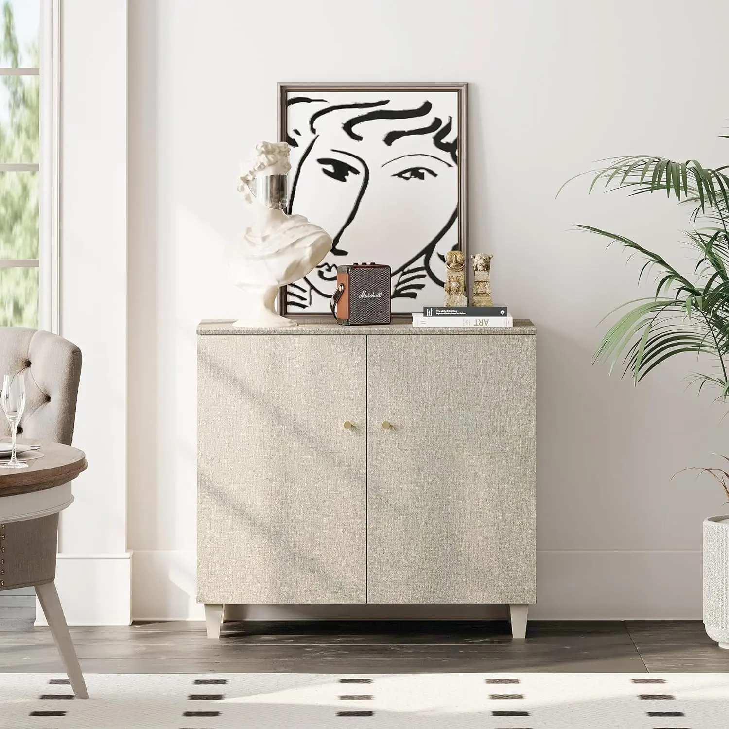 Buffet Cabinet Sideboards, 35.4" Wood Credenza Console Table, Kitchen Storage Cabinet with 3 Compartments & Solid Wood Legs