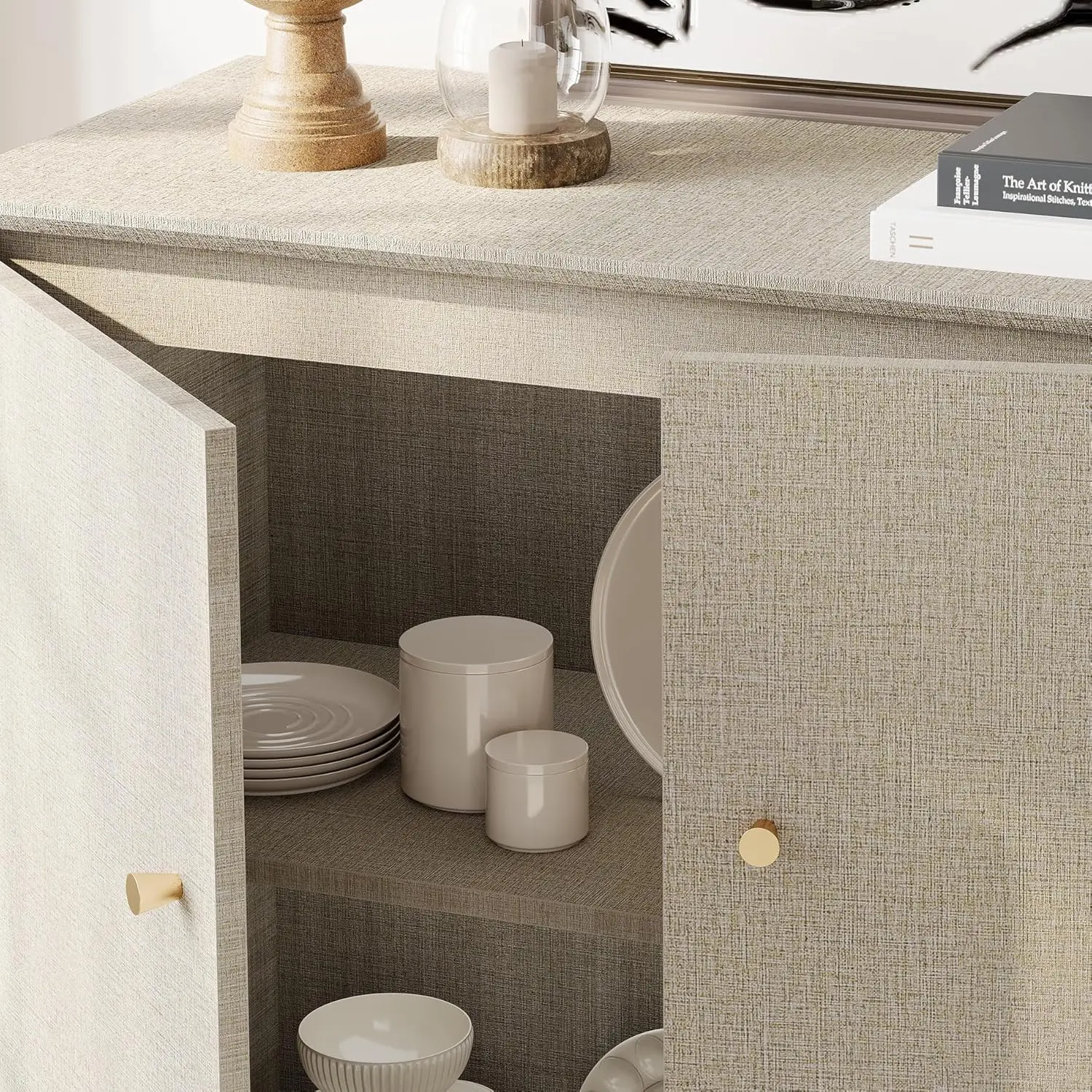 Buffet Cabinet Sideboards, 35.4" Wood Credenza Console Table, Kitchen Storage Cabinet with 3 Compartments & Solid Wood Legs