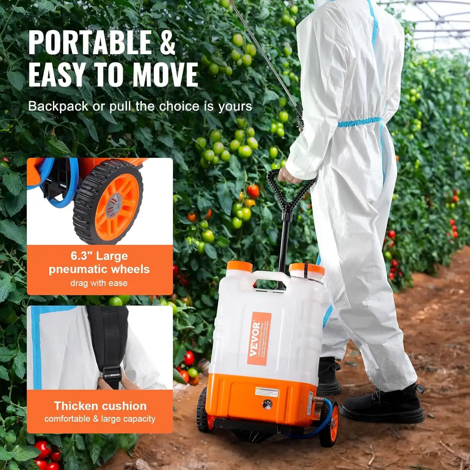 4 Gallon Battery Powered Backpack Sprayer with Wheeled Cart, Adjustable 0-94 PSI, 13FT Hose, 6 Nozzles, 2 Wands Included