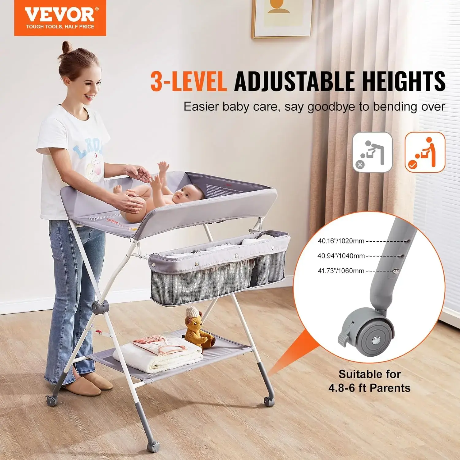 Baby Changing Table, Folding Diaper Changing Station with Lockable Wheels, Portable Changing Table 3-Level Adjustable Heights