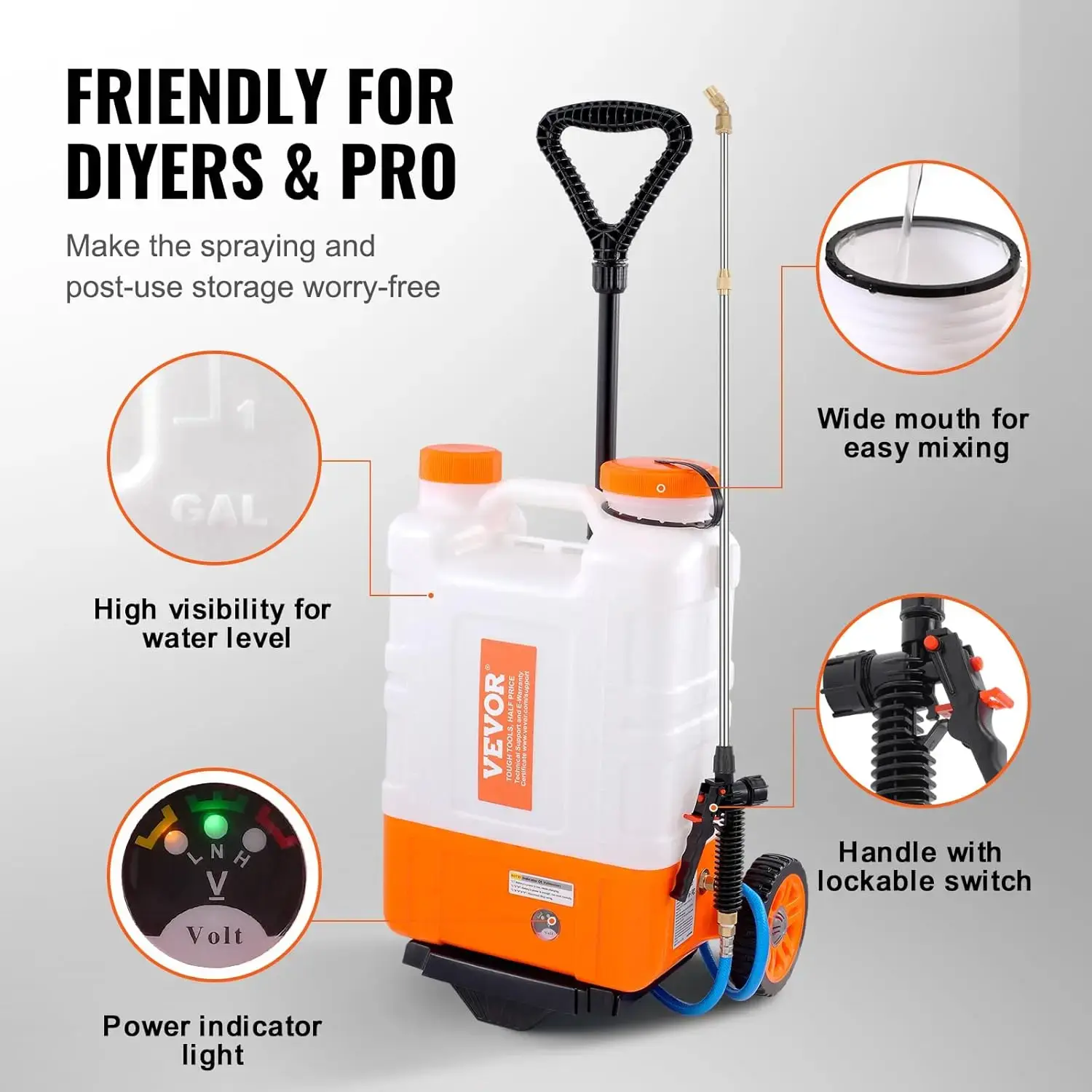 4 Gallon Battery Powered Backpack Sprayer with Wheeled Cart, Adjustable 0-94 PSI, 13FT Hose, 6 Nozzles, 2 Wands Included