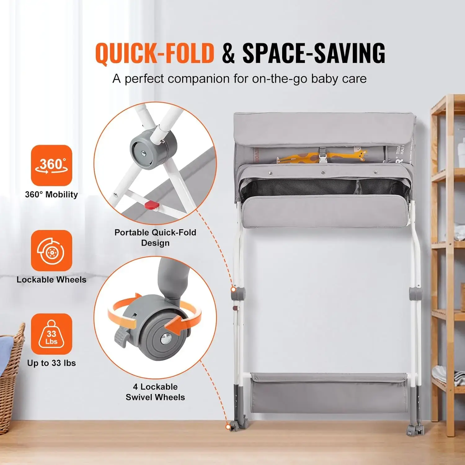 Baby Changing Table, Folding Diaper Changing Station with Lockable Wheels, Portable Changing Table 3-Level Adjustable Heights