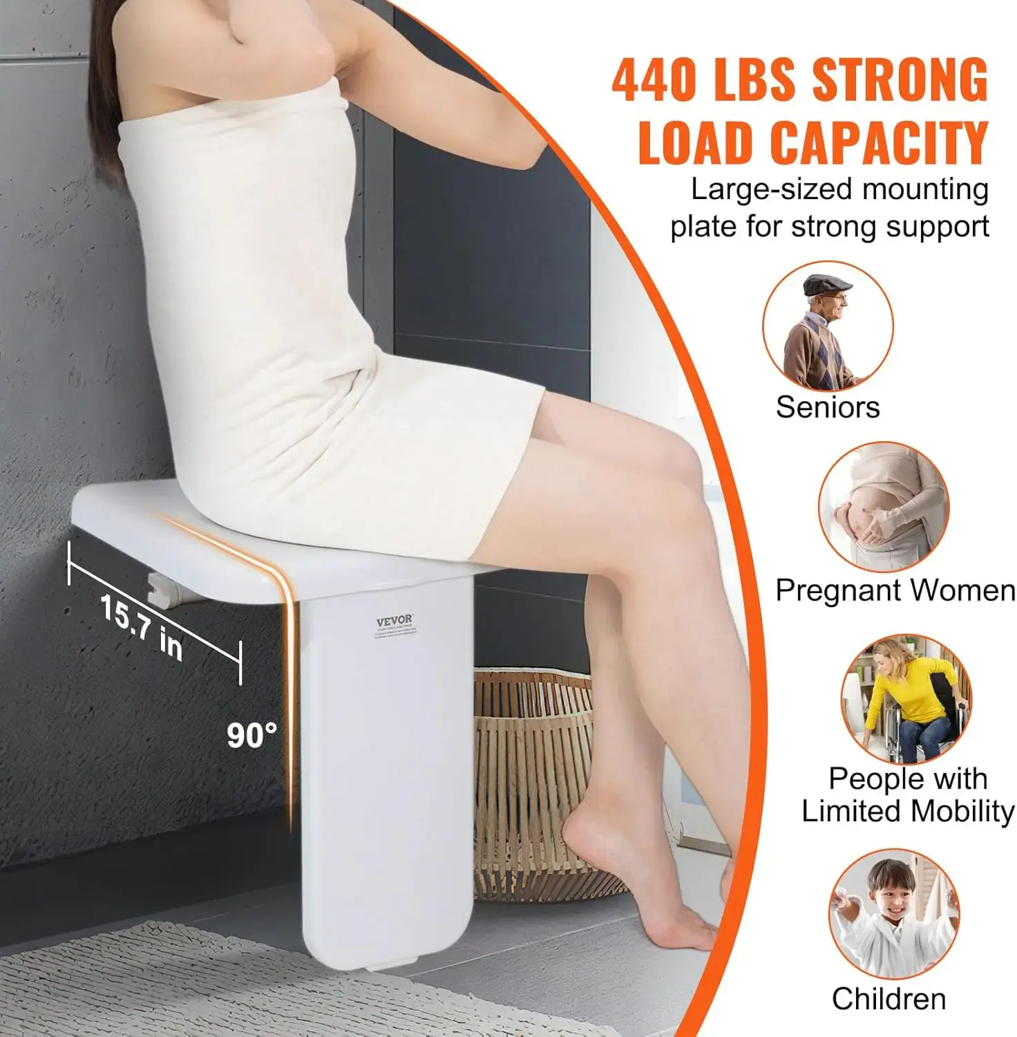 Folding ABS Shower Seat, 15.7'' x 16.7'' Unfolded, Wall Mounted Fold Up Shower Bench with 440 lbs Load Capacity,