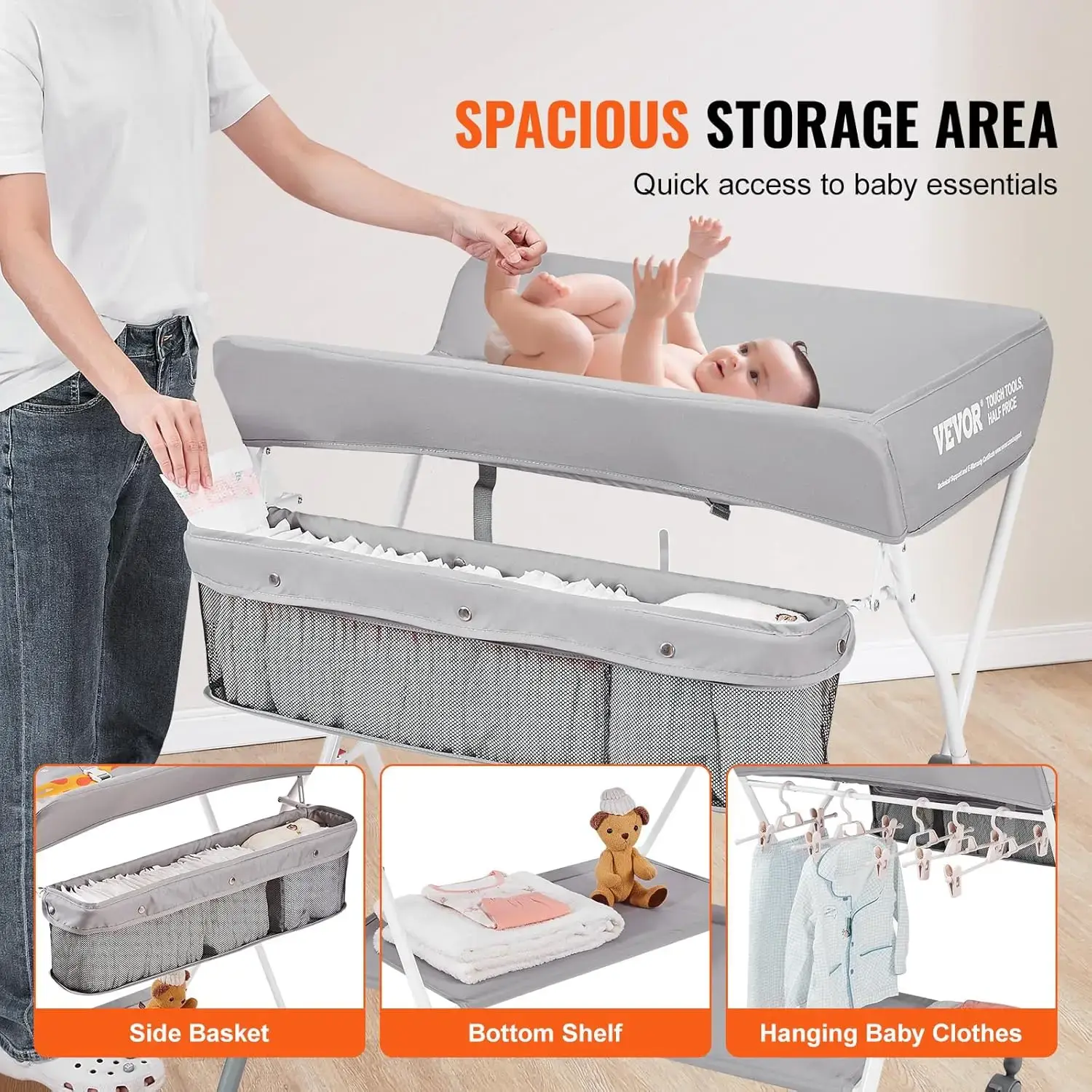 Baby Changing Table, Folding Diaper Changing Station with Lockable Wheels, Portable Changing Table 3-Level Adjustable Heights