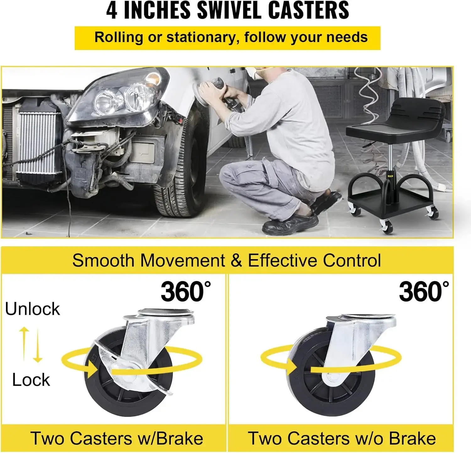 Rolling Garage Stool, 300LBS Capacity, Adjustable Height from 15.7 in to 20.5 in，Mechanic Seat with