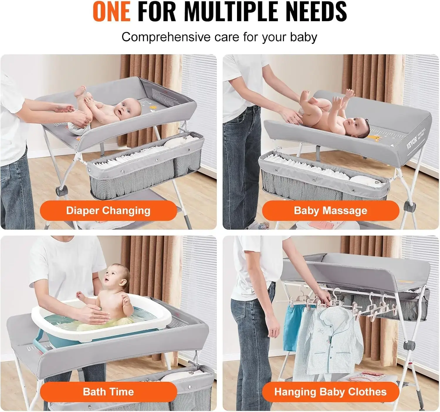 Baby Changing Table, Folding Diaper Changing Station with Lockable Wheels, Portable Changing Table 3-Level Adjustable Heights