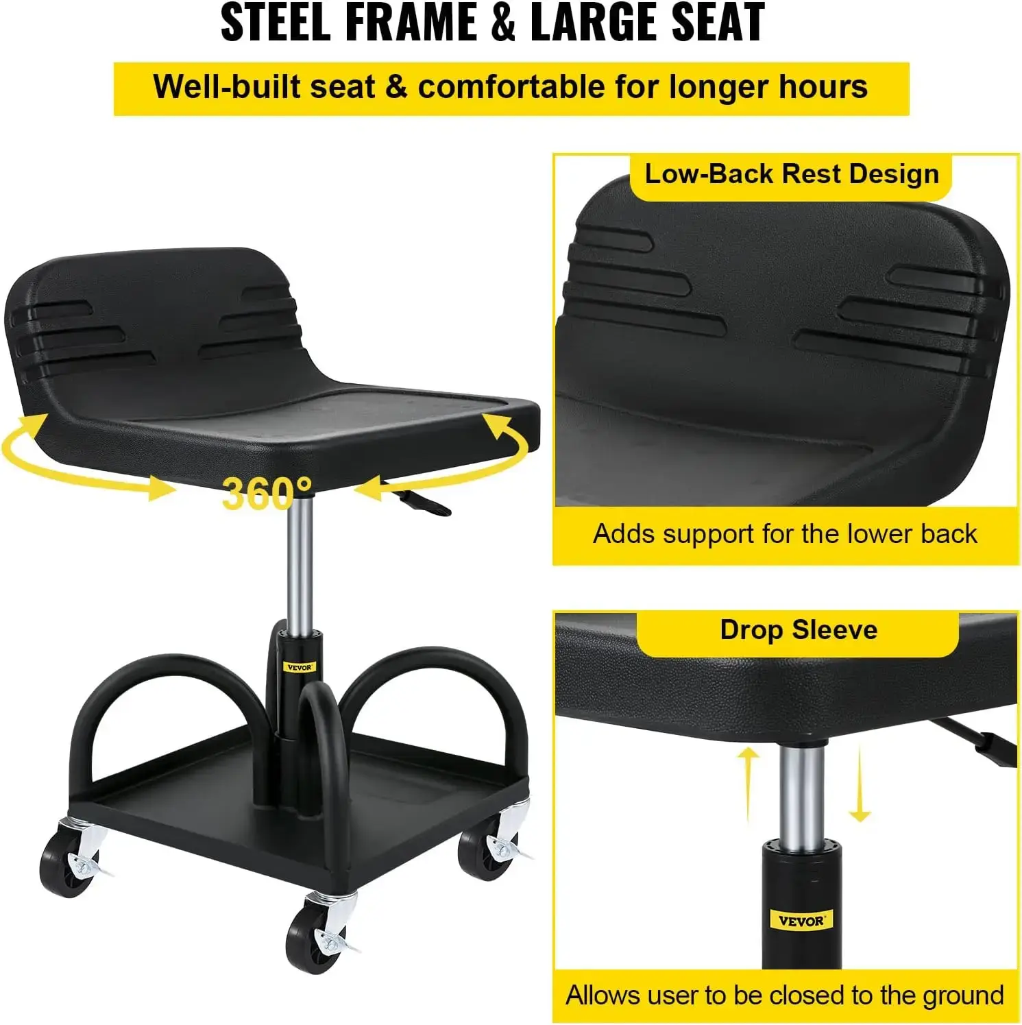 Rolling Garage Stool, 300LBS Capacity, Adjustable Height from 15.7 in to 20.5 in，Mechanic Seat with