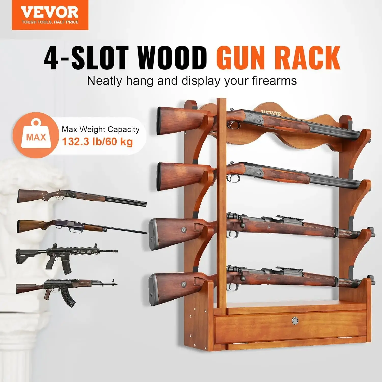 Wood Gun Rack Wall Mount, Gun Display Rack Holds 4 Rifles, Shotguns, 132 lb Heavy Duty Wall Storage Display Rifle Rack