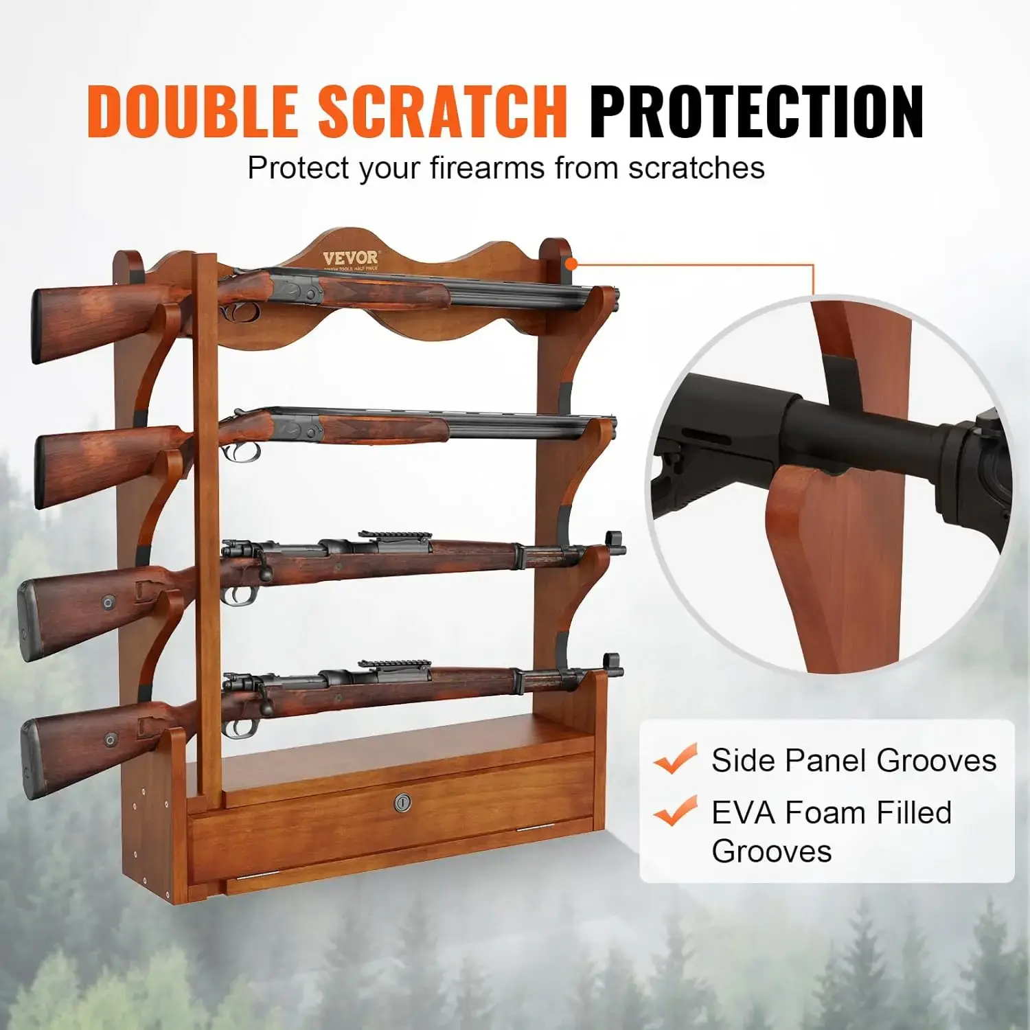 Wood Gun Rack Wall Mount, Gun Display Rack Holds 4 Rifles, Shotguns, 132 lb Heavy Duty Wall Storage Display Rifle Rack