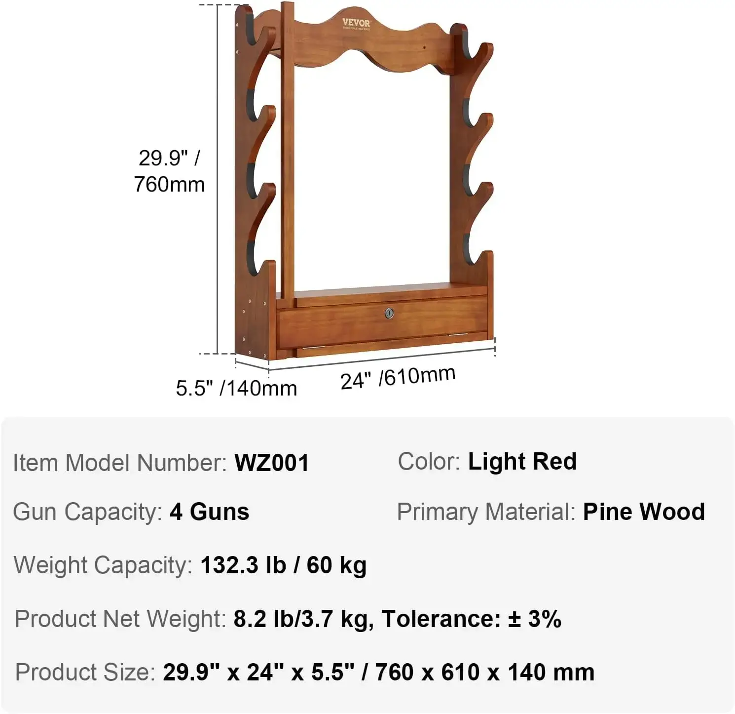 Wood Gun Rack Wall Mount, Gun Display Rack Holds 4 Rifles, Shotguns, 132 lb Heavy Duty Wall Storage Display Rifle Rack