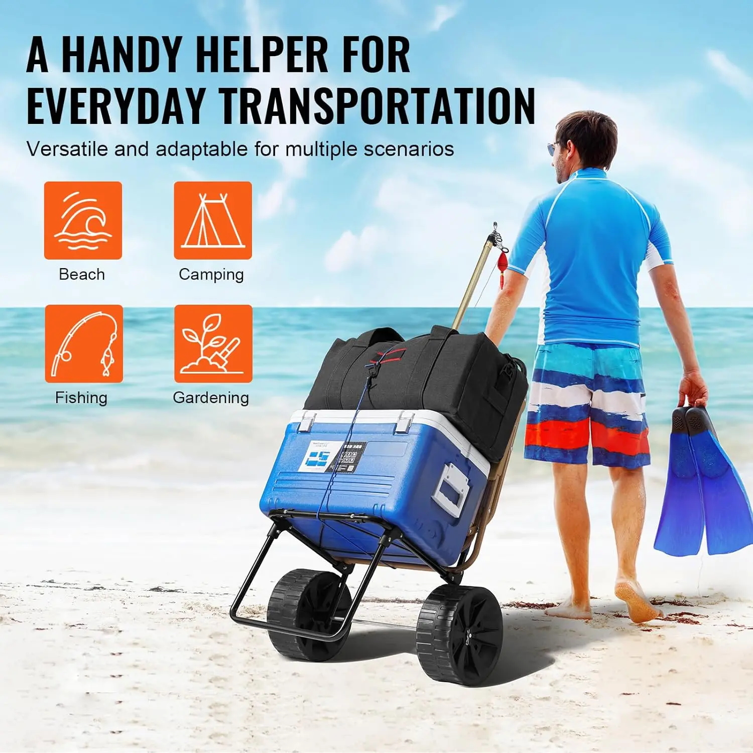 Beach Dolly with Big Wheels for Sand, 15.4" x 15.7" Cargo Deck, w/ 10" PE Solid Wheels, 69LBS Loading Capacity Folding Sand Cart